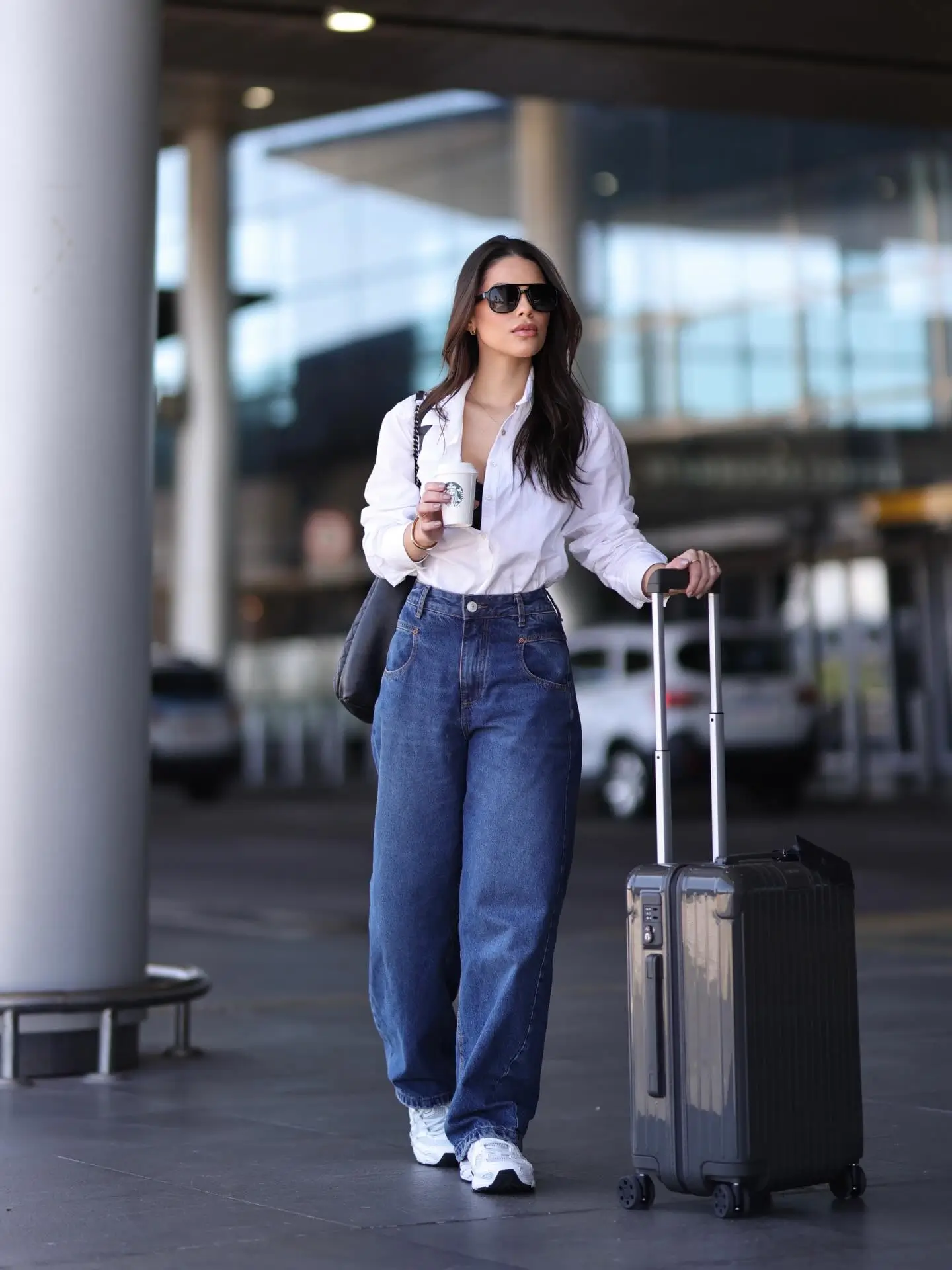 comfy airport outfits summer 2026 Effortless Denim And White Shirt - Quiet Travel Chic Energy