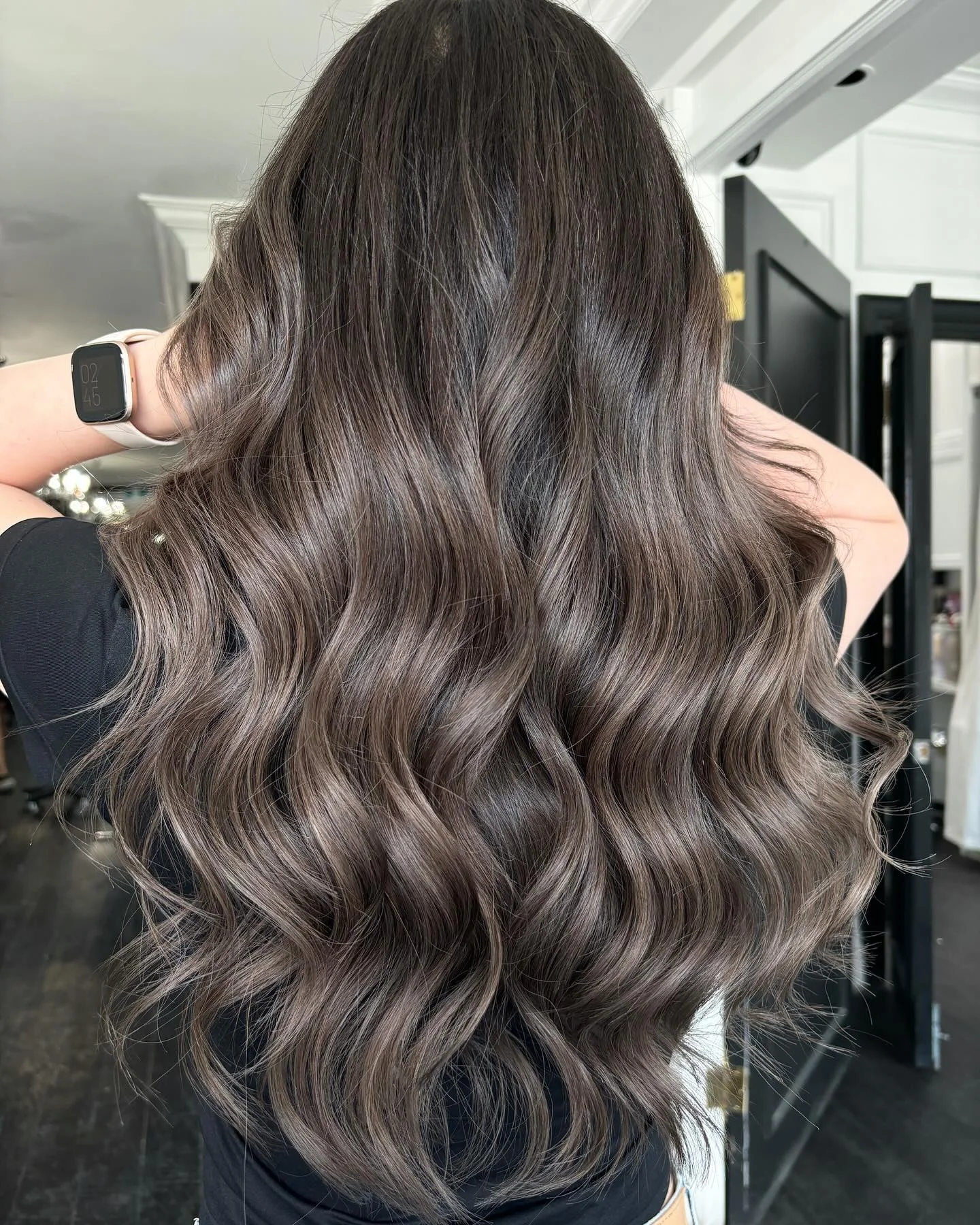 modern summer ash brown hair color 2026 Soft Mocha Waves With Dimensional Cool Finish