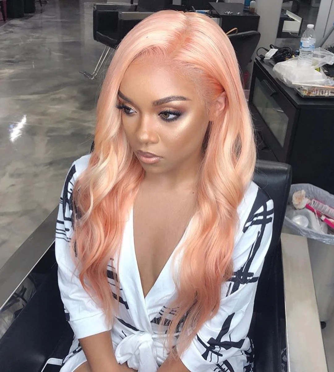 hair color for dark skin for summer Soft Peach Blonde Waves With Subtle Warm Glow