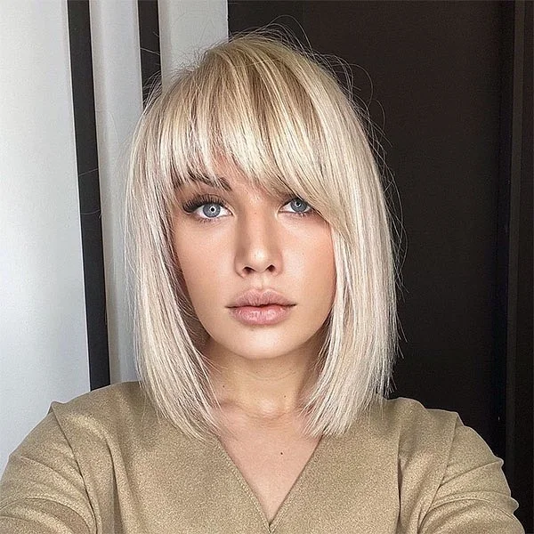 airy summer haircuts with bangs 2026 Platinum Blunt Lob With Airy Fringe