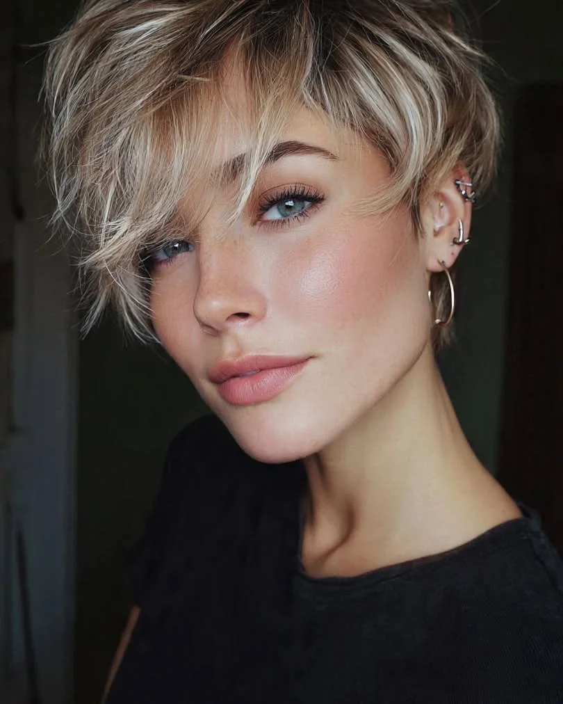 cropped summer pixie haircuts 2026 Choppy Blonde Pixie With Airy Side Bangs