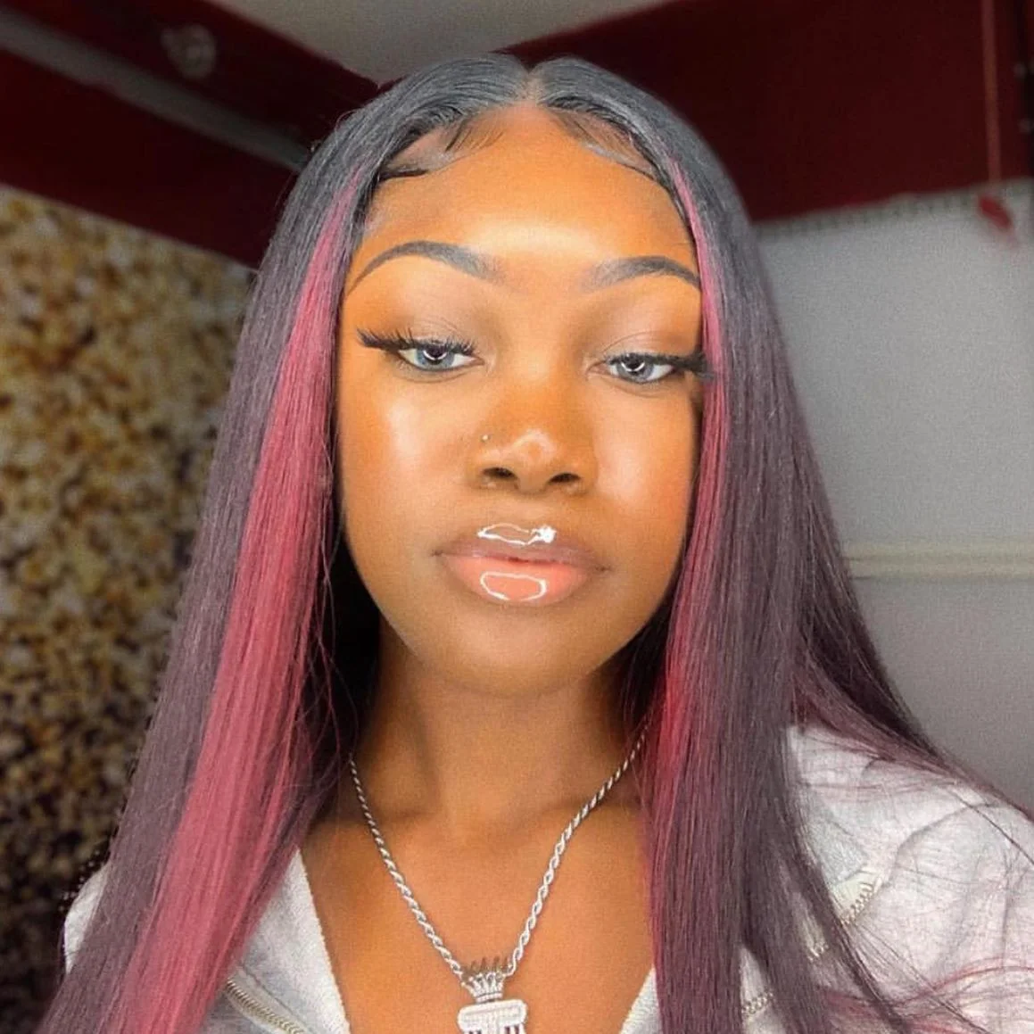 summer hair color for dark skin tone Deep Plum Sleek Length With Subtle Pink Dimension
