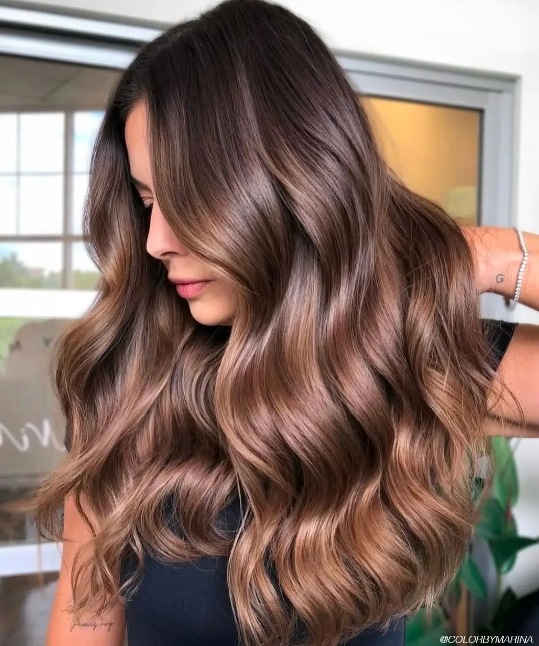 summer hair color ideas 2026 Warm Mocha Brunette With Seamless Sunlit Ribbons