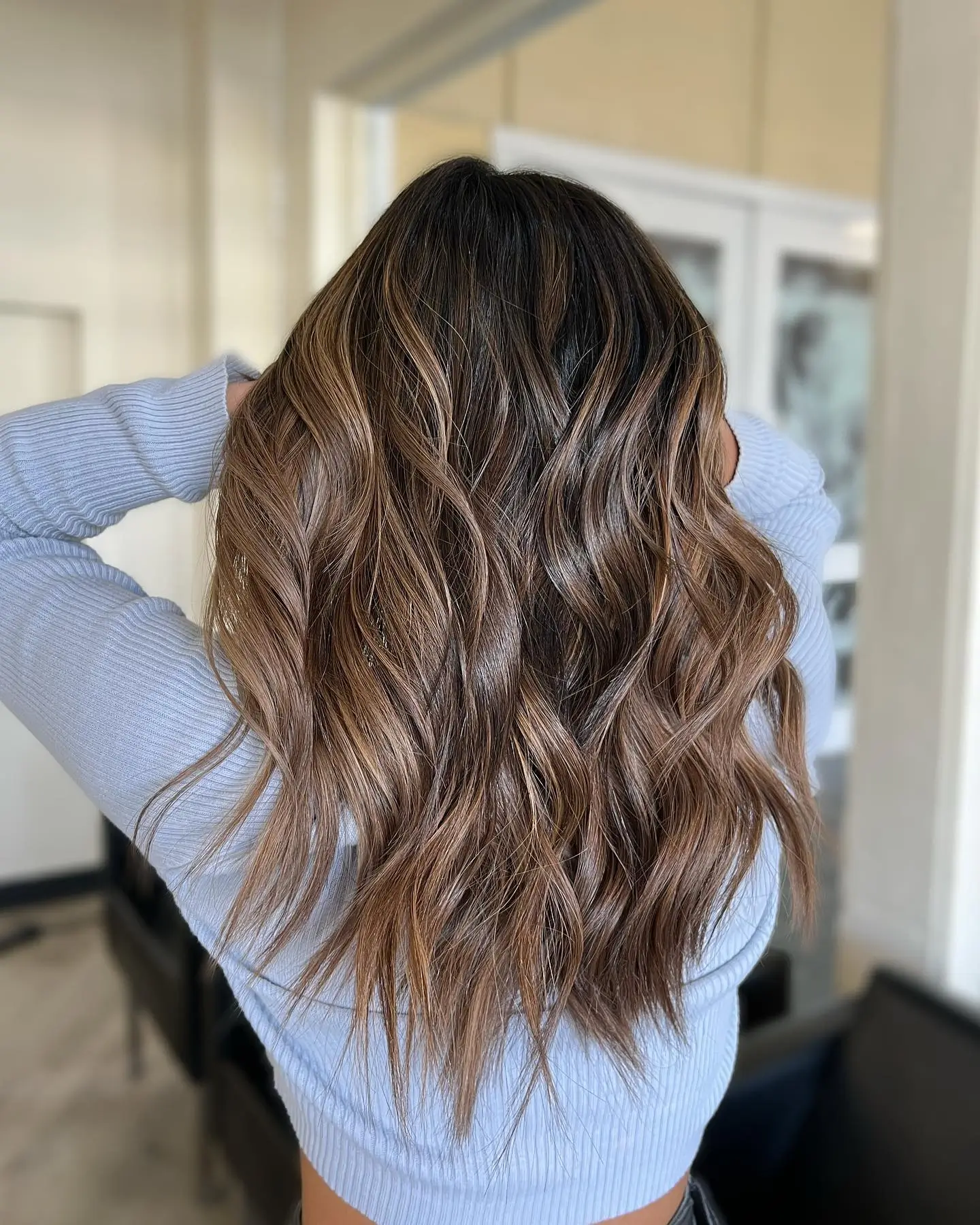 smoky summer mushroom brown hair color 2026 Warm Toned Mushroom Balayage With Sunlit Movement