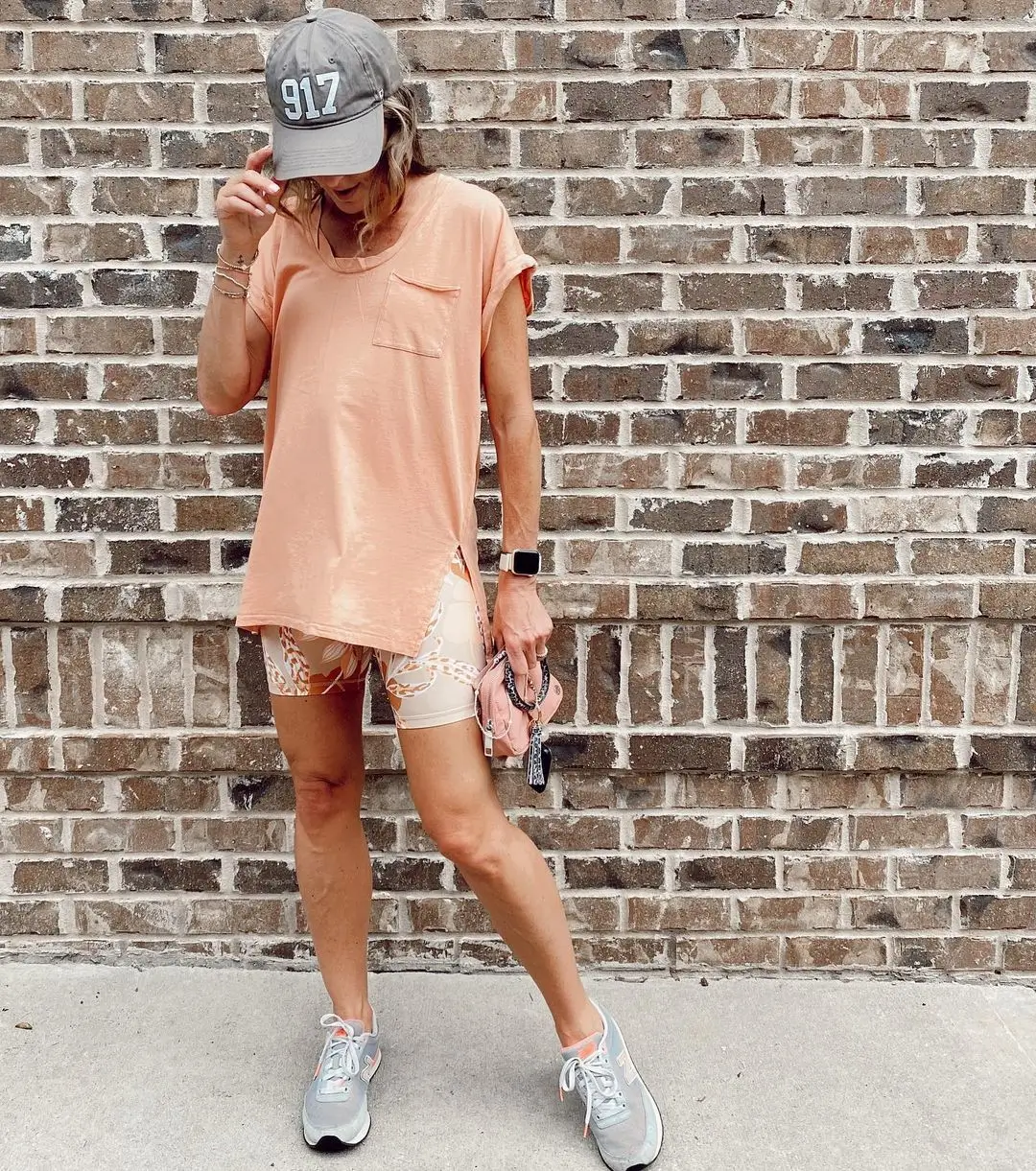 biker shorts outfits summer 2026 Soft Peach Oversized Tee With Printed Biker Shorts