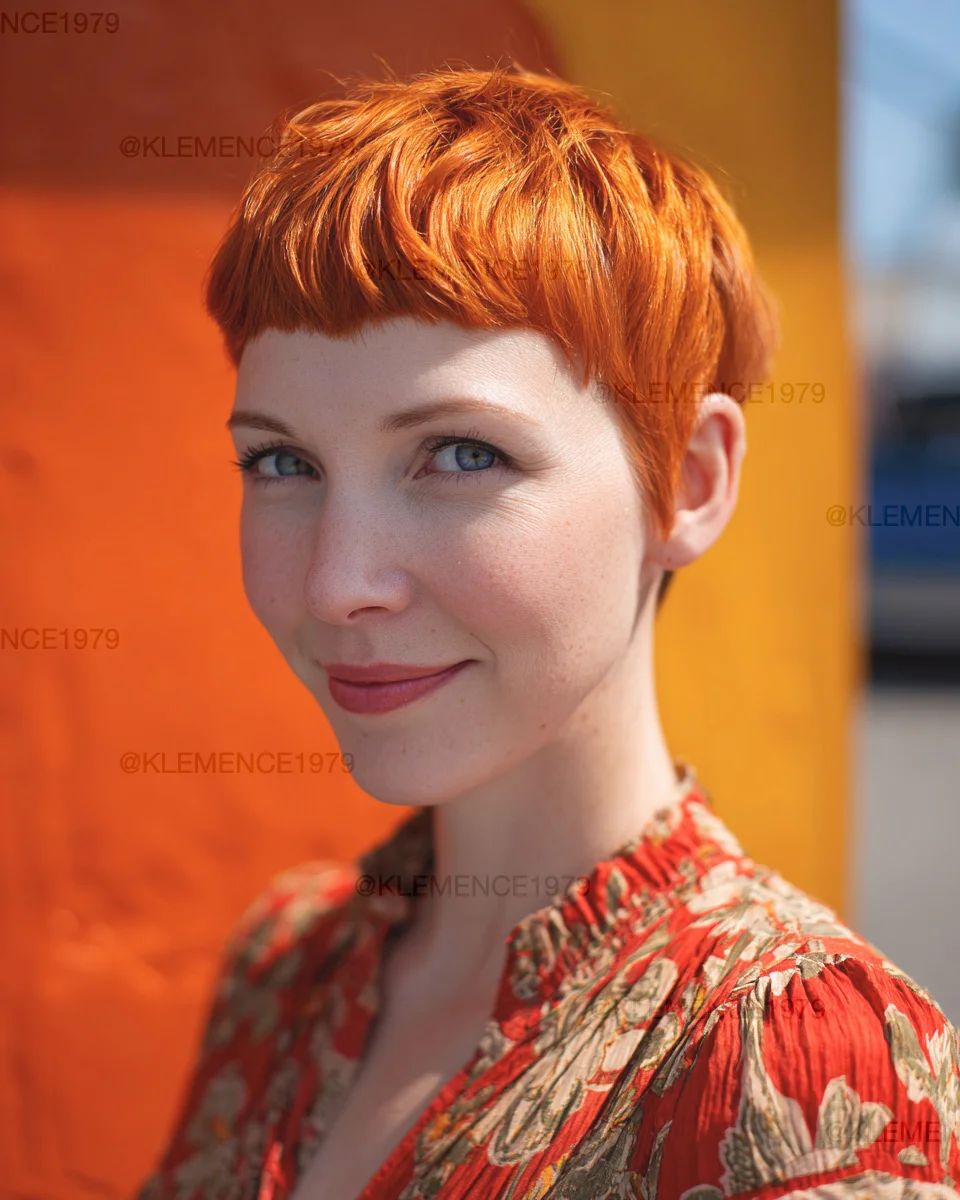 cropped summer pixie haircuts 2026 Bold Copper Micro Pixie With Graphic Fringe