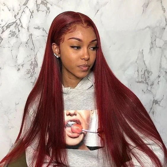 summer hair color for dark skin tone Rich Cherry Red Sleek Length With Glass Shine
