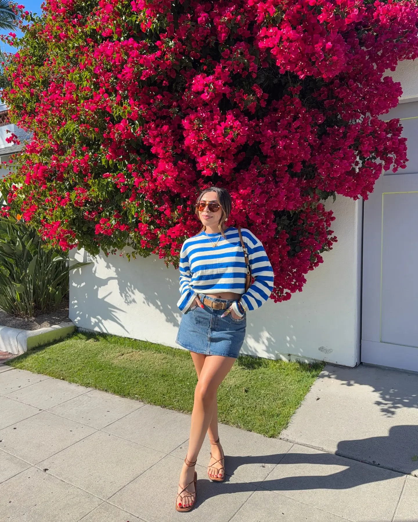 short outfits for women summer 2026 Striped Blue Sweater And Denim Mini For Playful Contrast