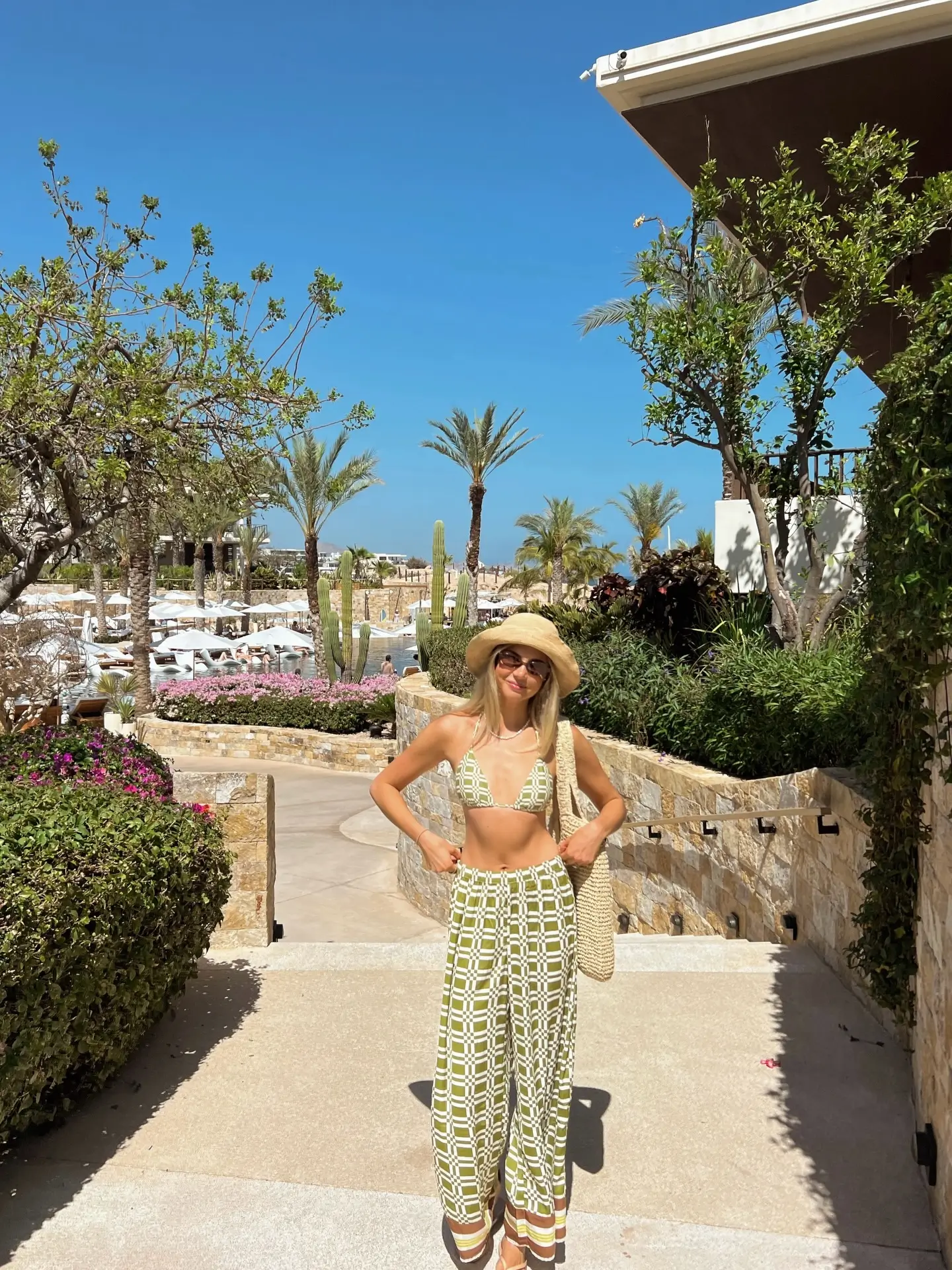 summer pool party outfits for women 2026 Green Printed Bikini With Flowing Palazzo Pants