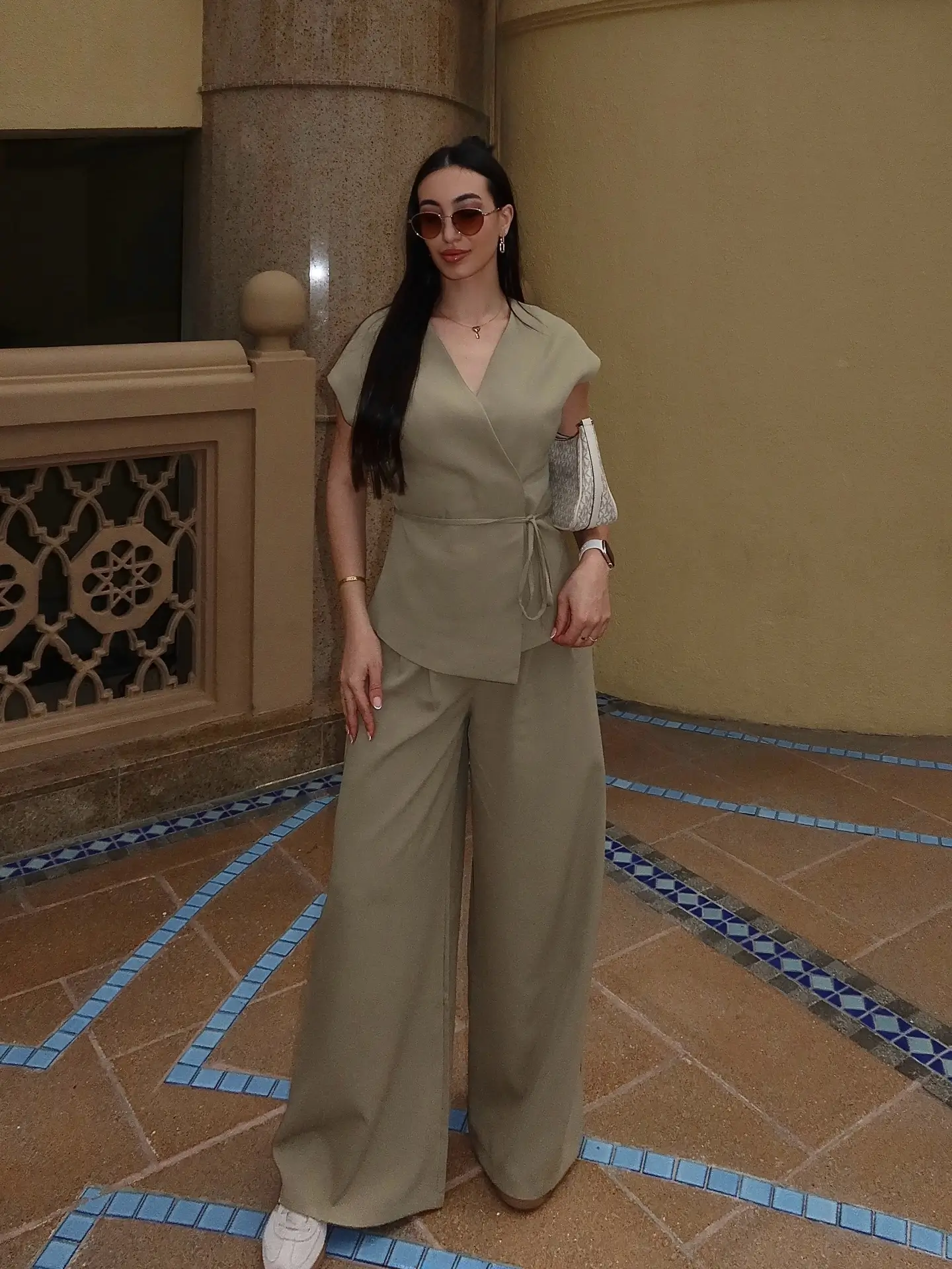 summer set outfits for women 2026 Muted Olive Wrap Set With Relaxed Wide-Leg Pants