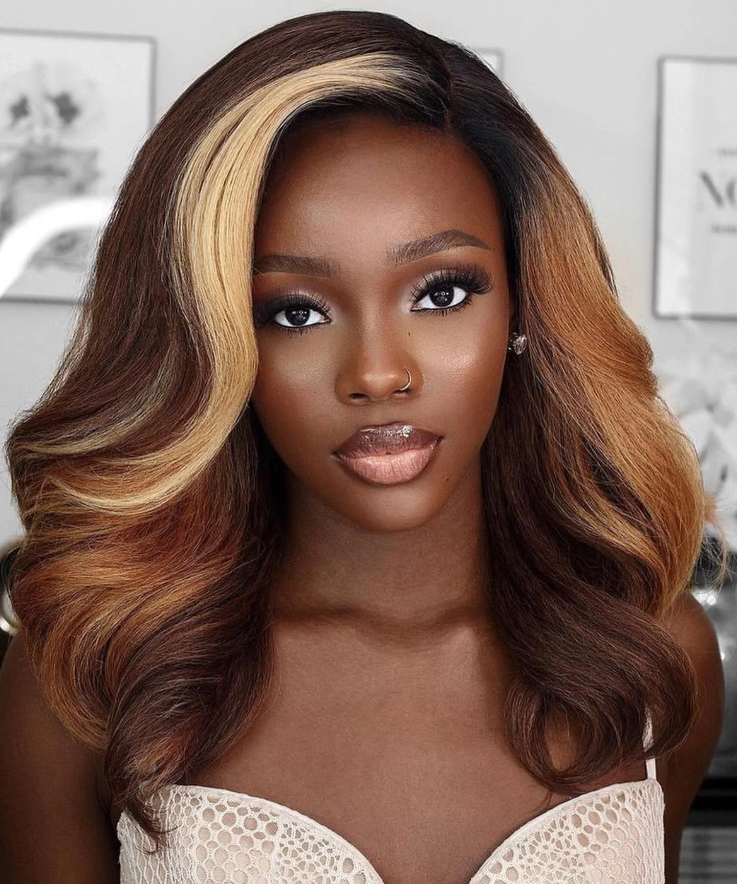 summer hair color for dark skin tone Chocolate Brown Waves With Golden Blonde Money Pieces