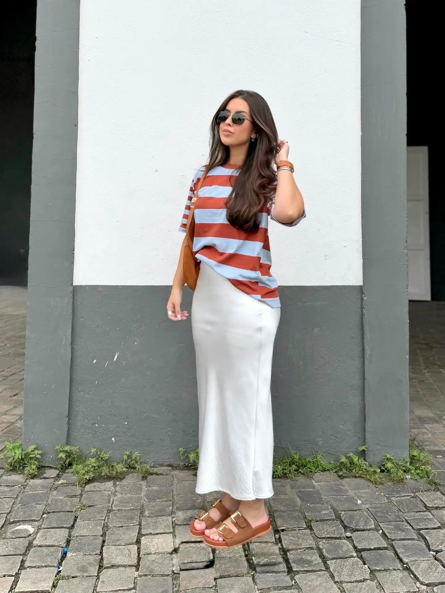 midsize outfits for women summer 2026 Relaxed Tee And Satin Skirt For Easy Street Style