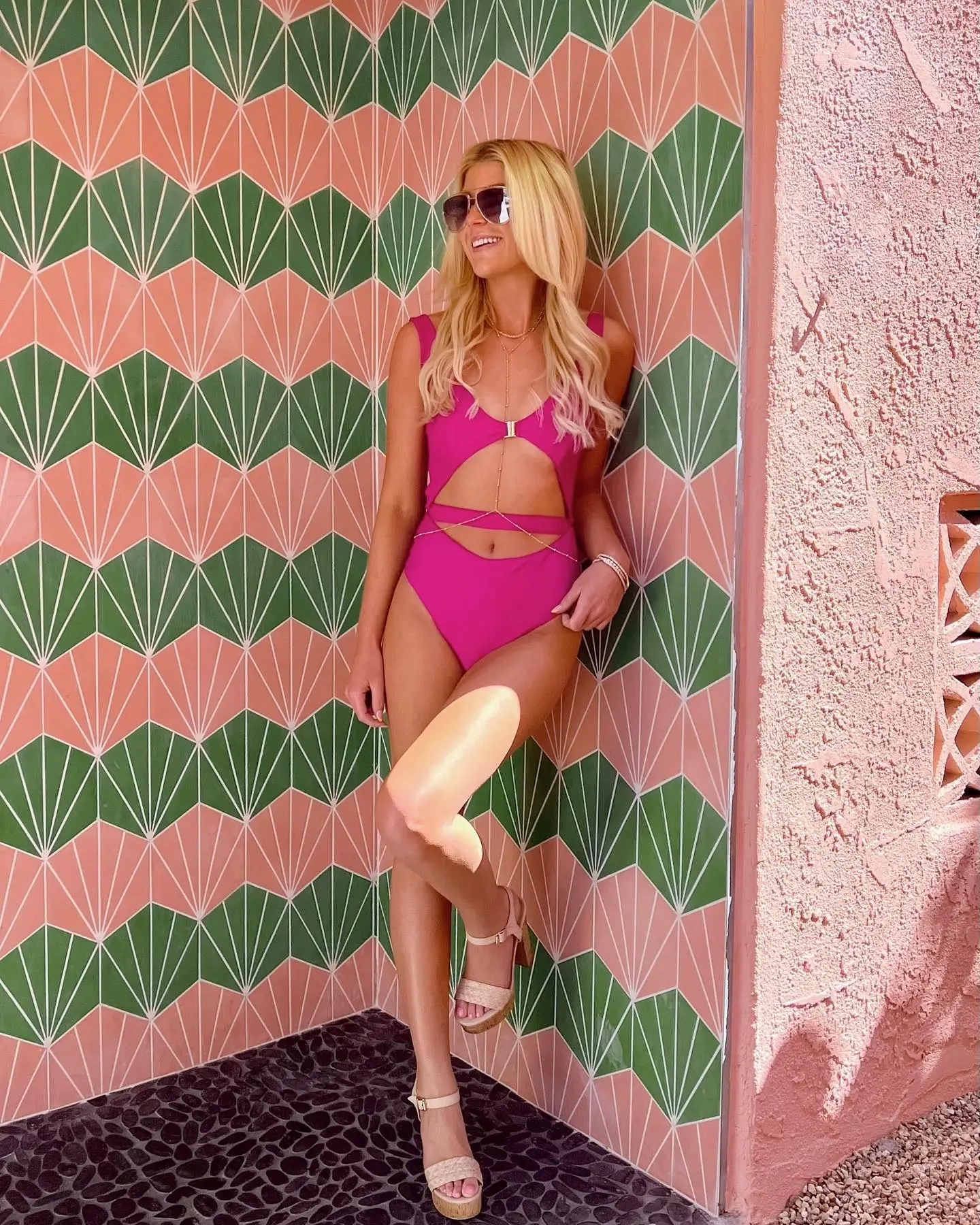 summer pool party outfits for women 2026 Hot Pink Cut-Out Swimsuit With Statement Glam