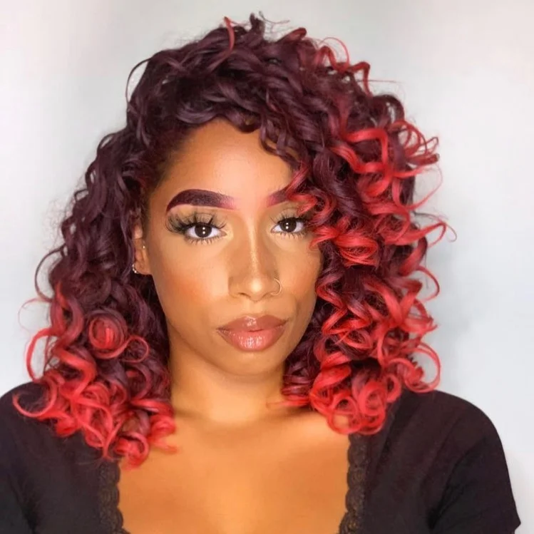 summer hair color for dark skin women Cherry Cola Curly Bob With Electric Red Dimension