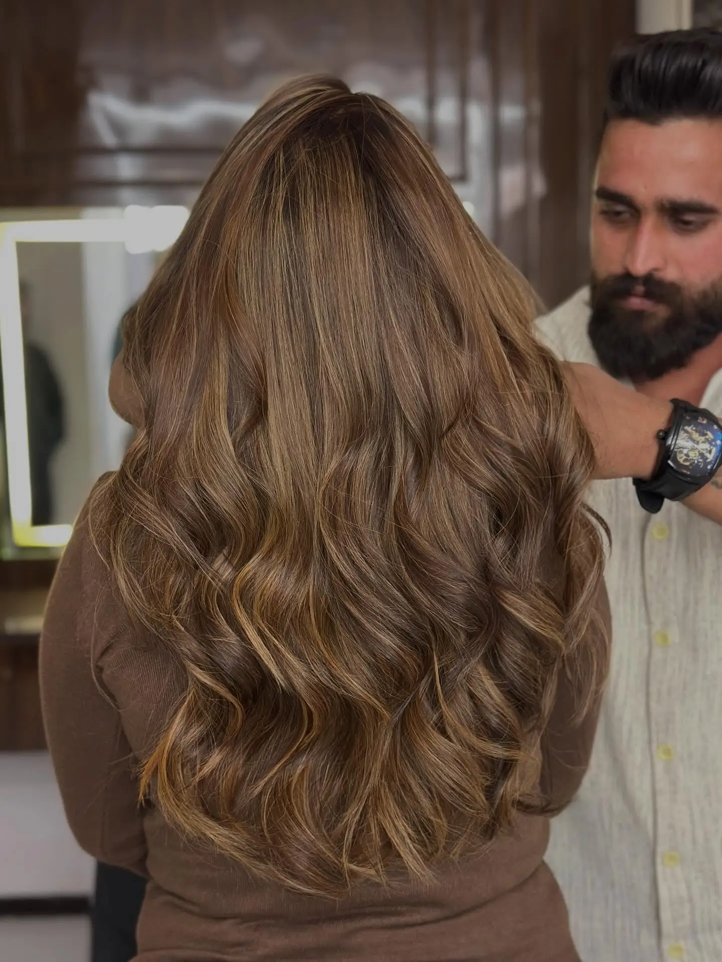 summer hair color ideas 2026 Golden Walnut Waves With Seamless Dimension