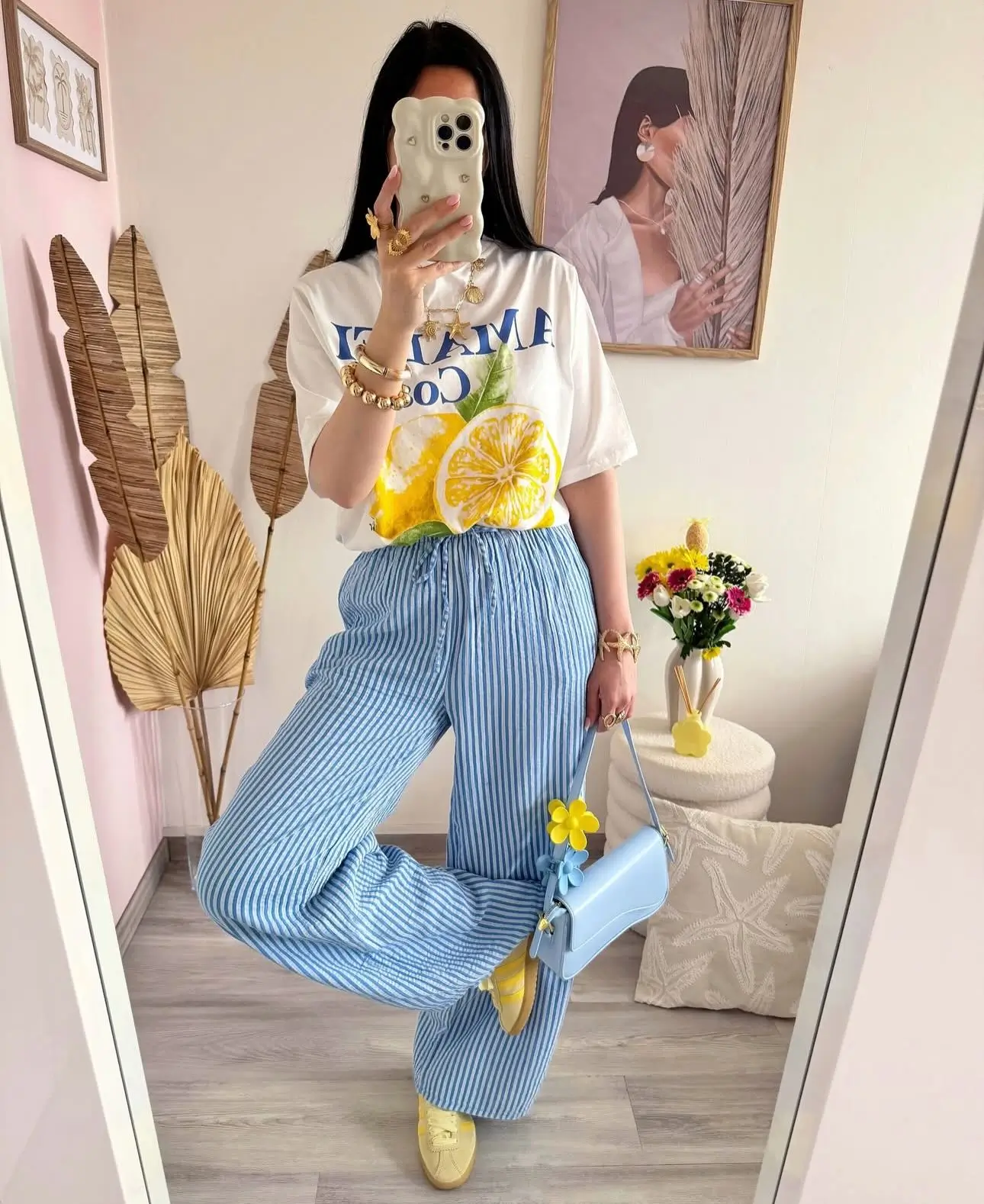 casual summer t-shirt outfit for women 2026 Fresh Printed Tee And Striped Pants With Summer Brightness