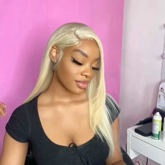 summer hair color for dark skin tone Soft Platinum Blonde Silk Press With Clean Finish