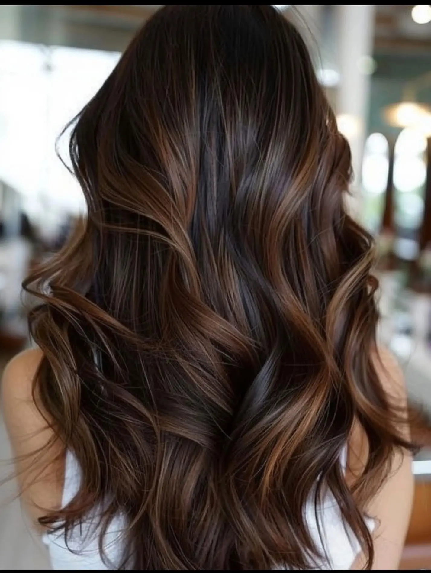 summer hair color ideas 2026 Deep Espresso Waves With Glossy Ribbon Highlights