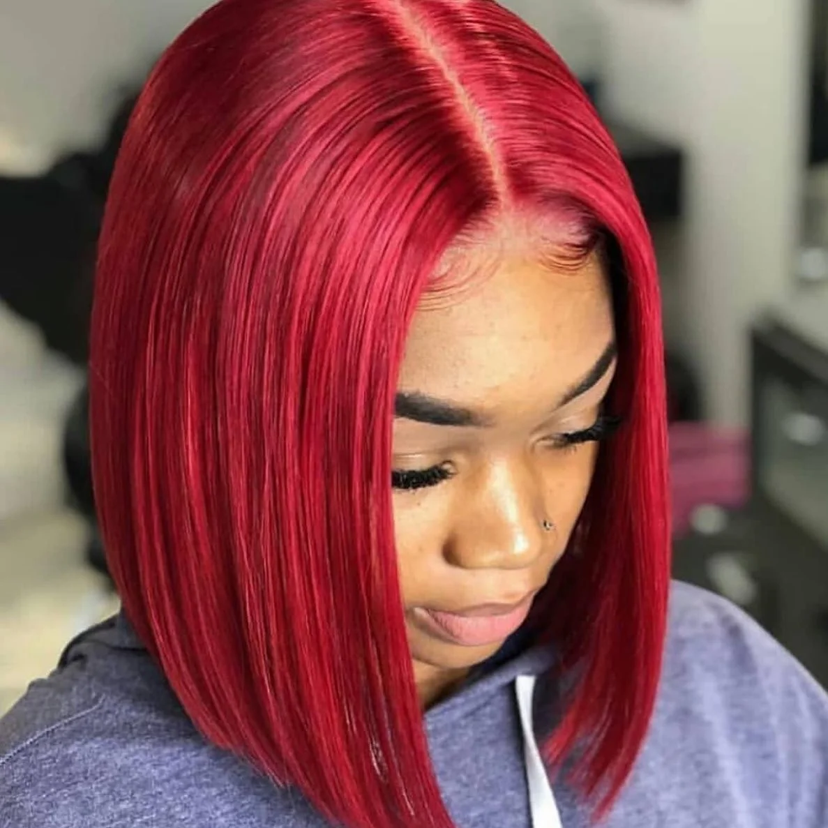 summer hair color black women dark skin Classic Sleek Red Bob With Precision Cut