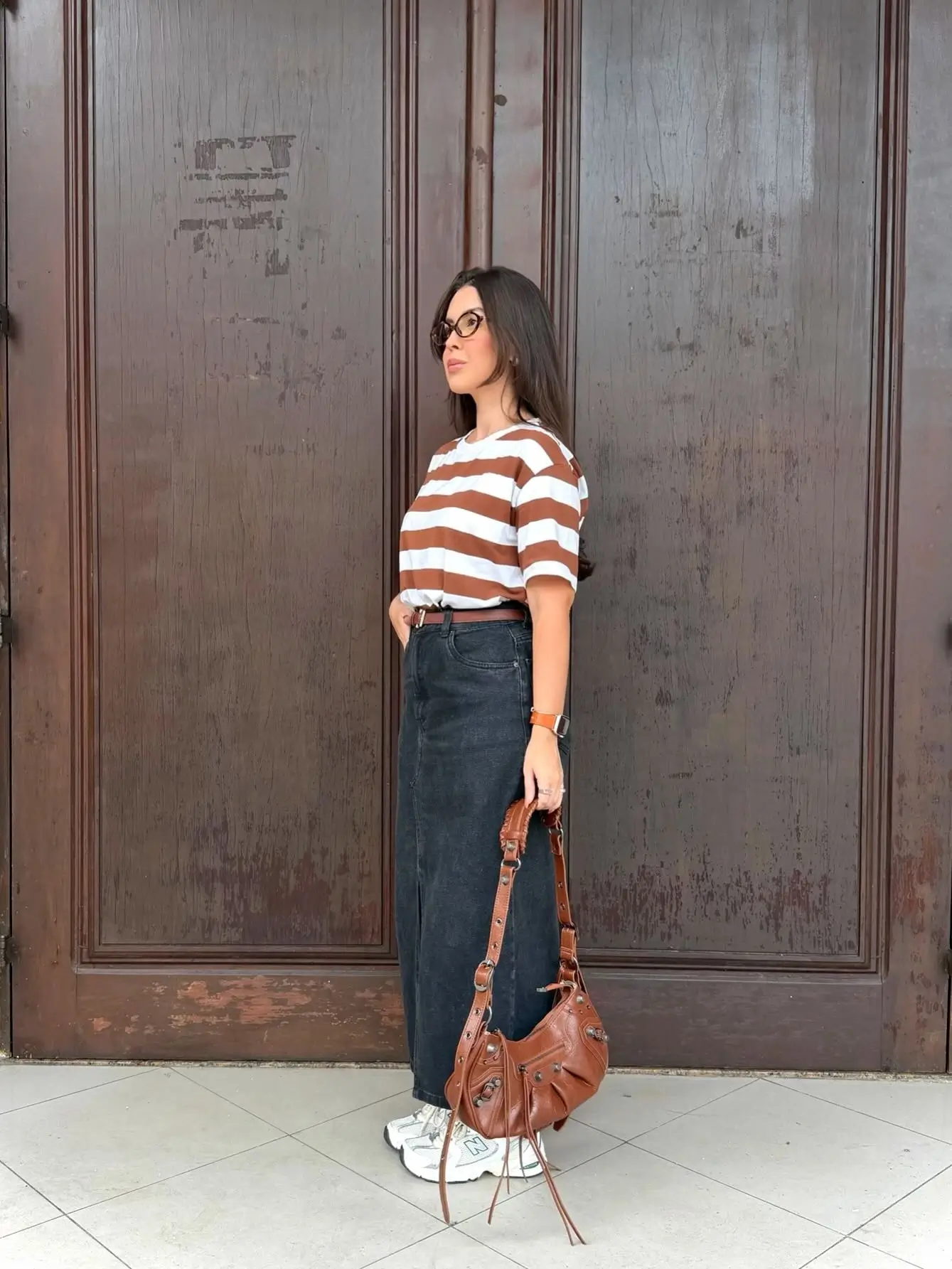 midsize outfits for women summer 2026 Striped Tee And Denim Midi - Casual With Structure