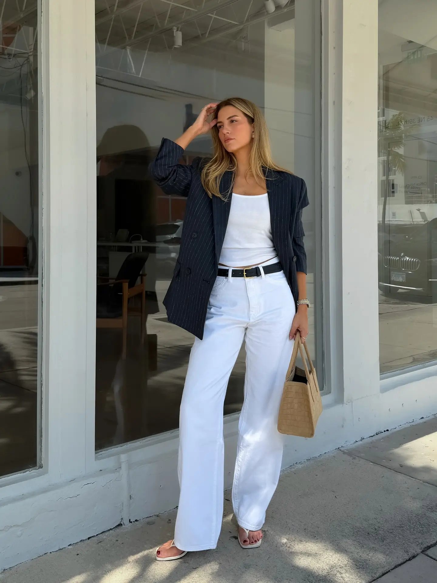 summer work outfits for the office 2026 Relaxed Blazer And White Denim Confidence