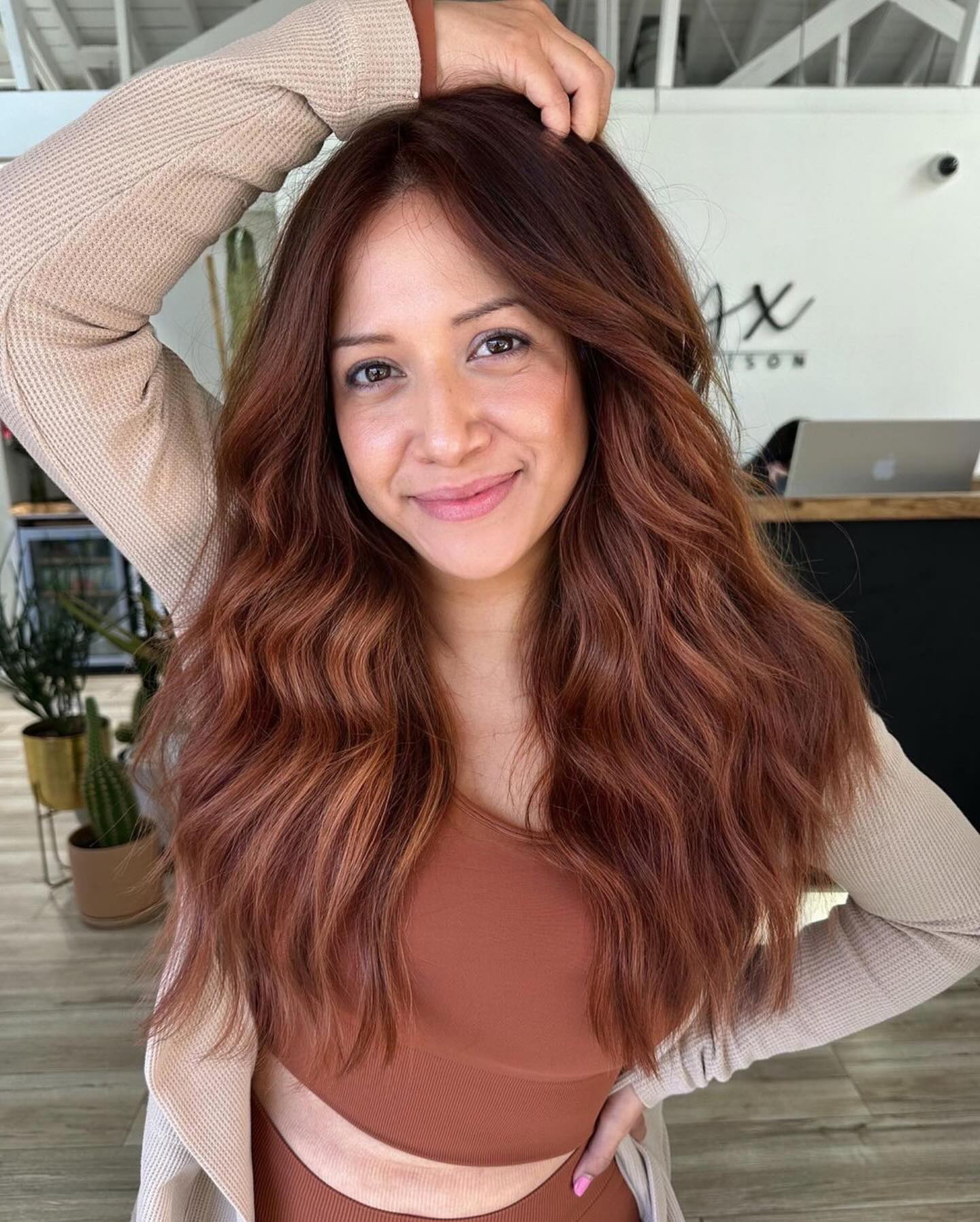 spicy summer auburn hair color 2026 Sunlit Waves With Cinnamon Auburn Dimension