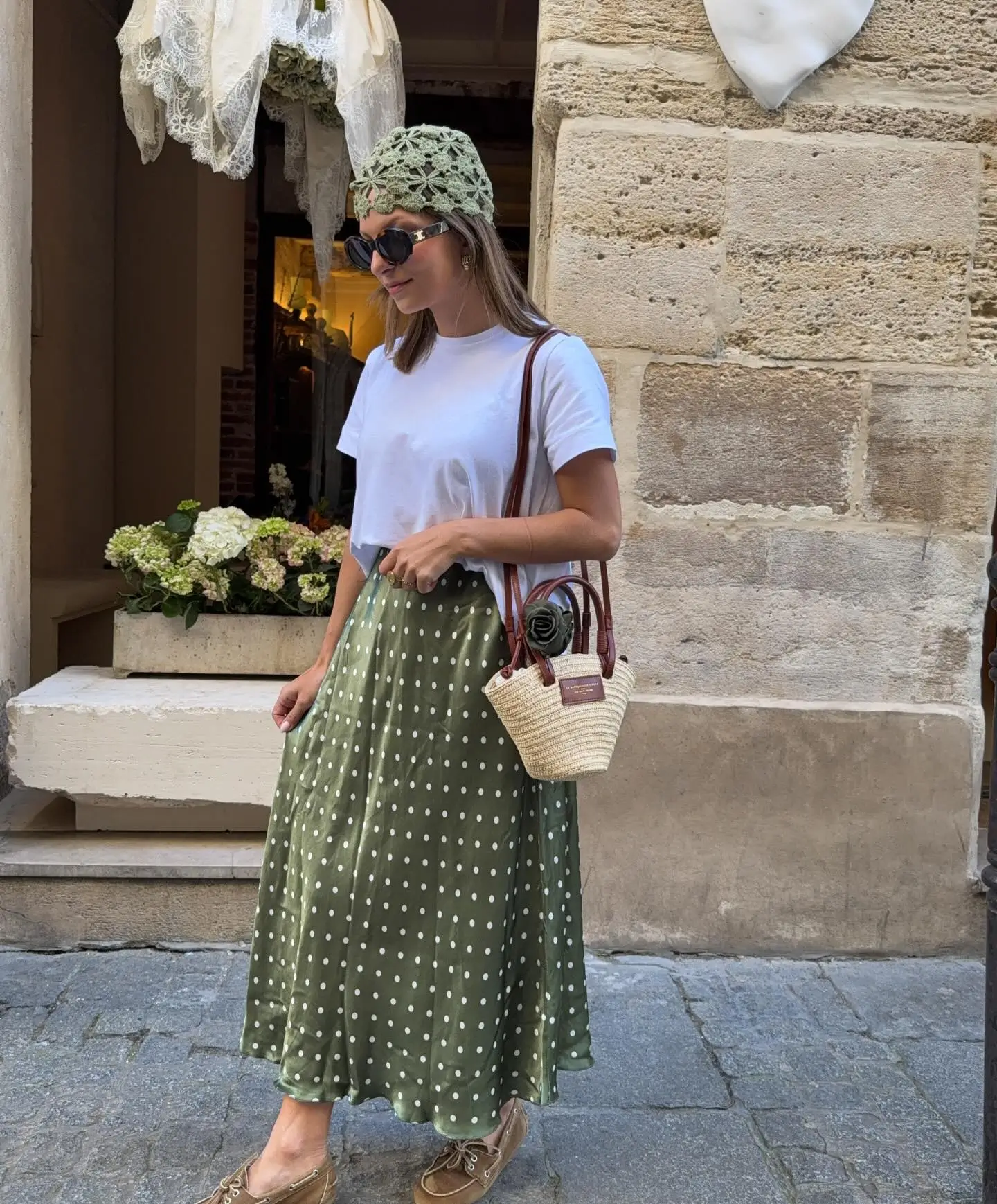 summer outfits for women 2026 Soft Green Polka Dot Skirt With Effortless Parisian Touch