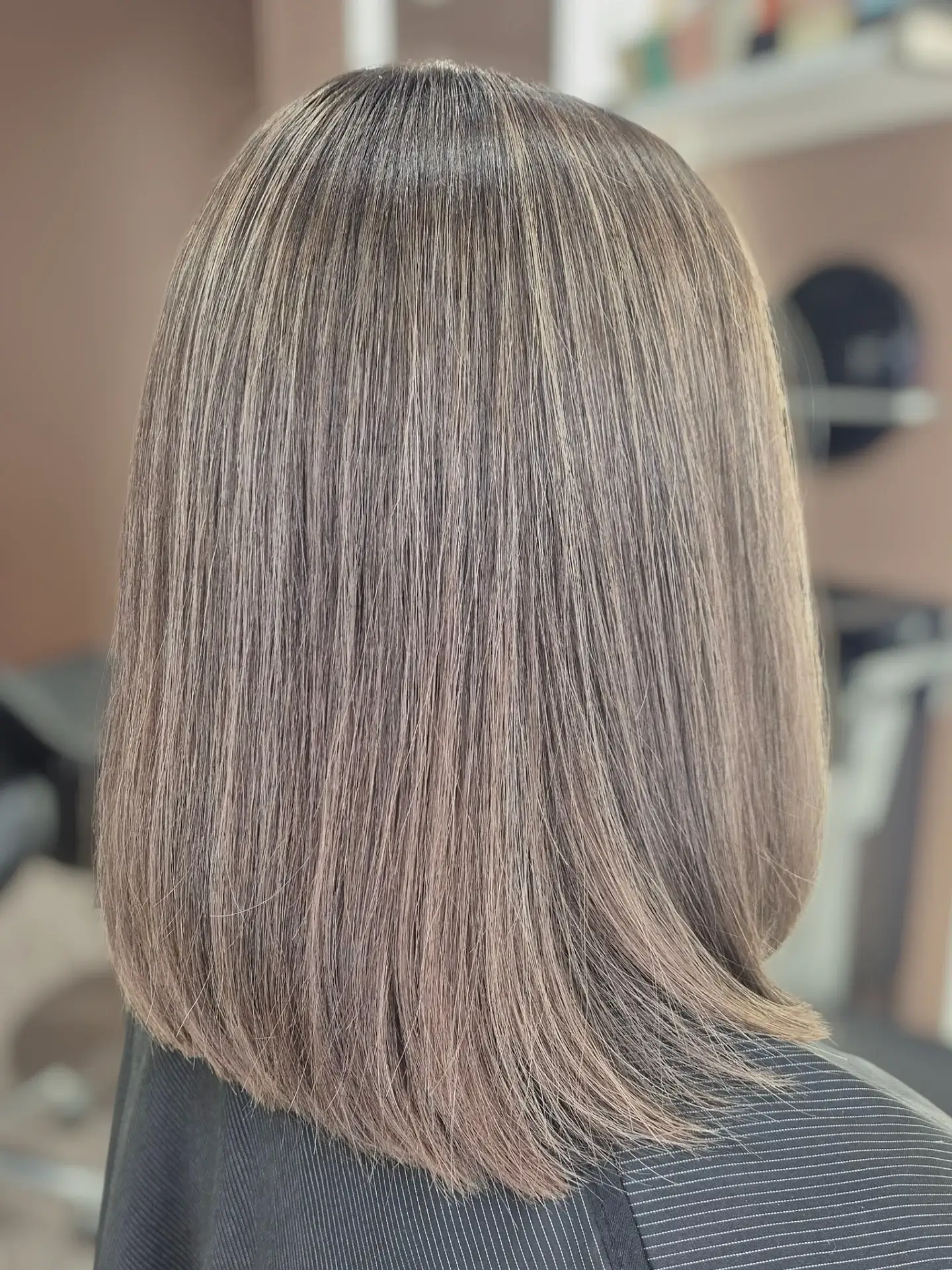 smoky summer mushroom brown hair color 2026 Sleek Straight Mushroom Brown Lob With Cool Ash Finish