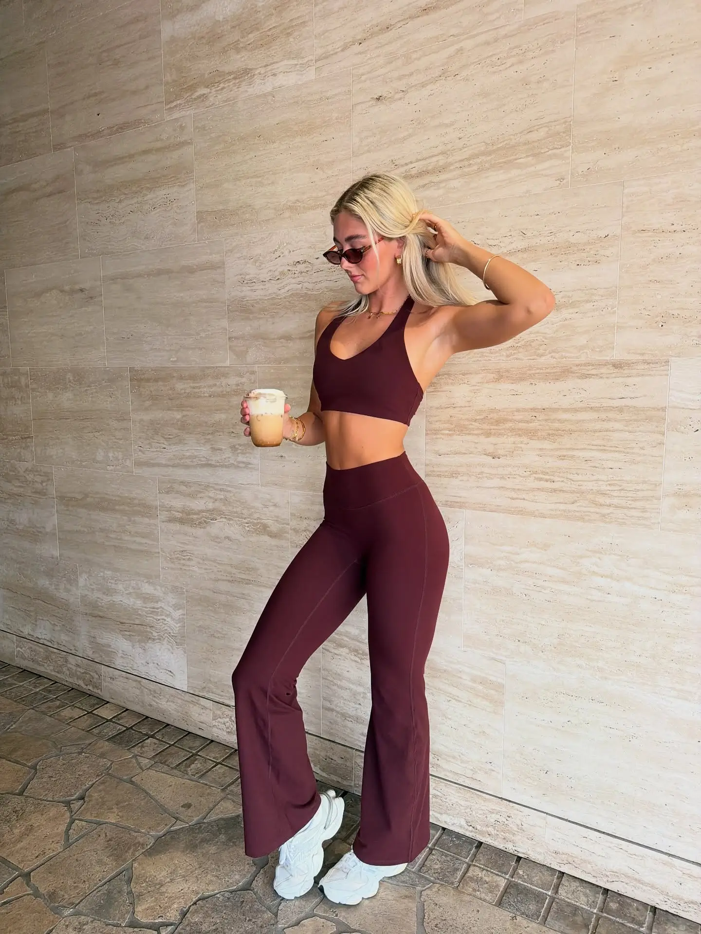 summer gym for women 2026 Rich Burgundy Set With Flared Leggings
