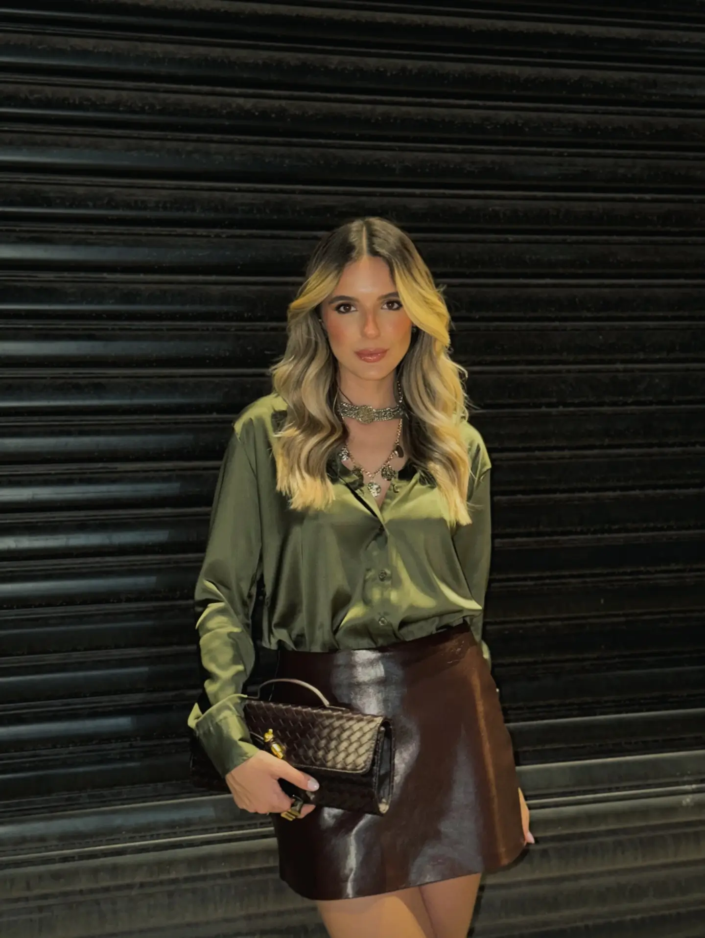 summer night going out outfits 2026 Olive Satin Shirt With Leather Mini For Modern Night Styling