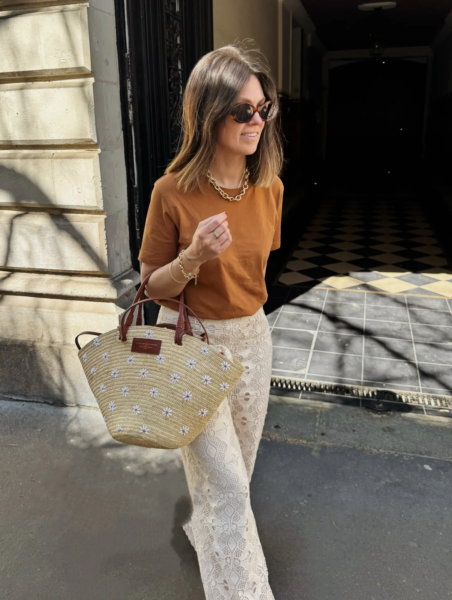 casual summer t-shirt outfit for women 2026 Warm Brown Tee And Lace Skirt With Soft Elegance