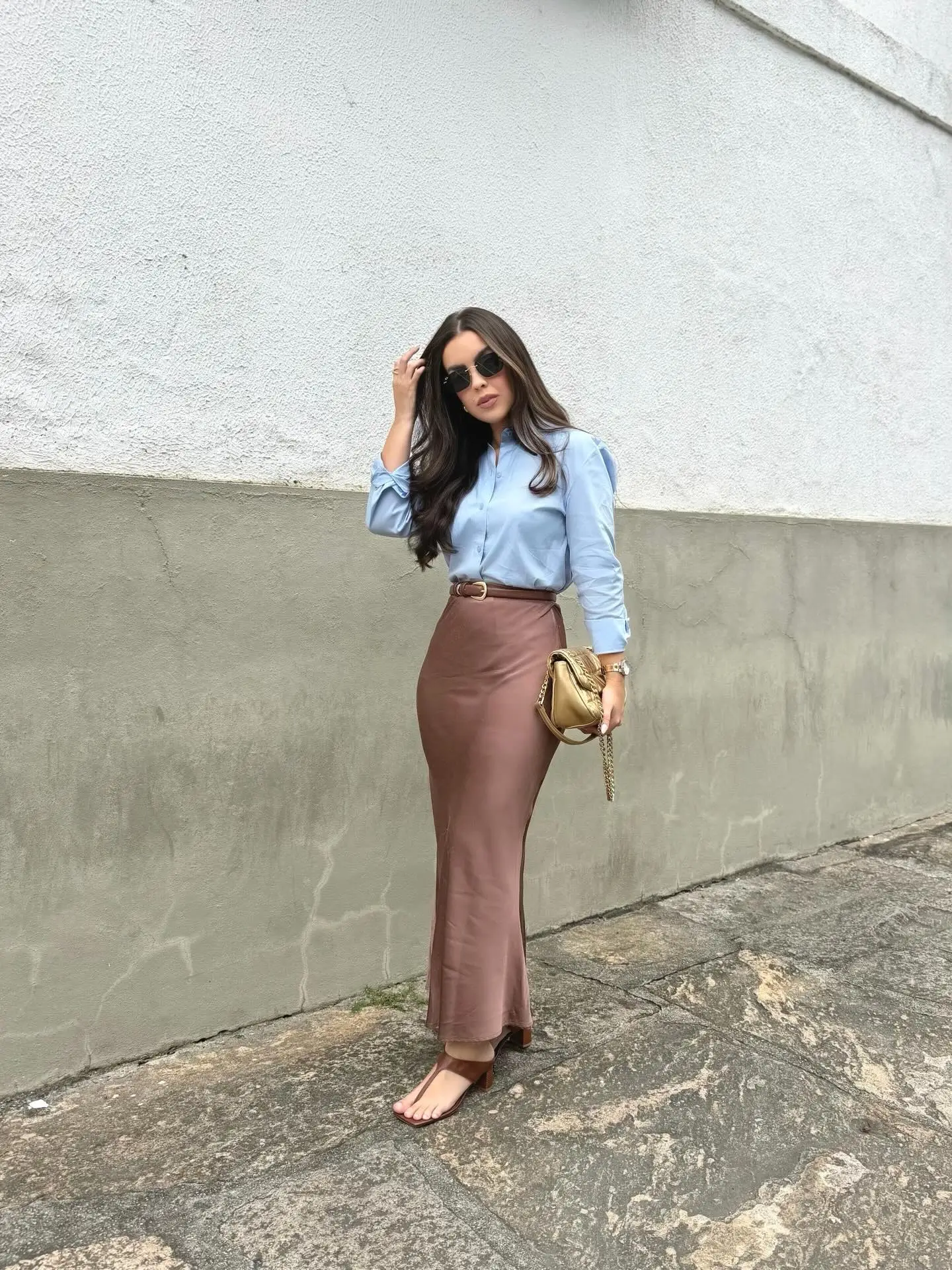 midsize outfits for women summer 2026 Satin Skirt And Crisp Shirt