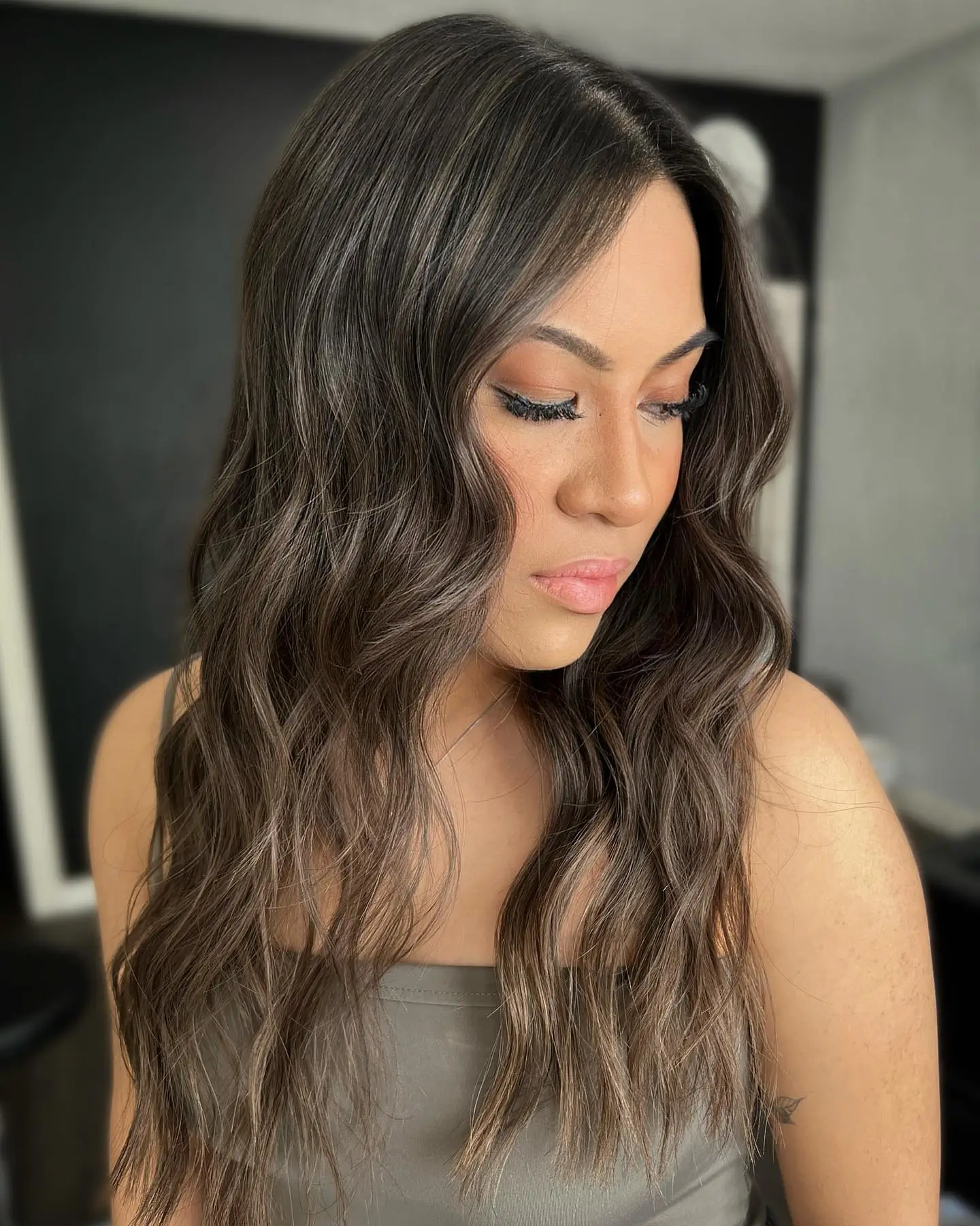 smoky summer mushroom brown hair color 2026 Rich Deep Brunette With Subtle Smoky Highlights