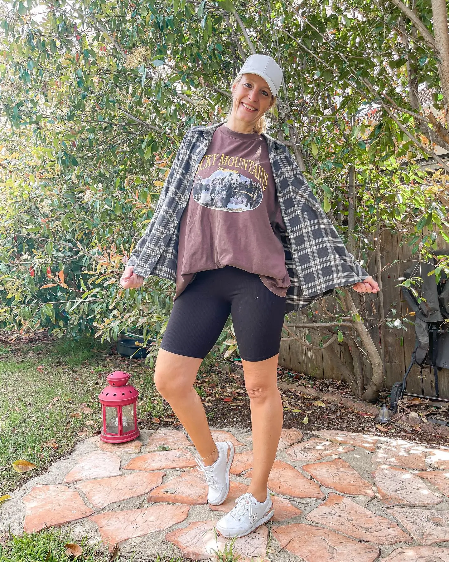 biker shorts outfits summer 2026 Playful Mom Style With Graphic Tee And Layers