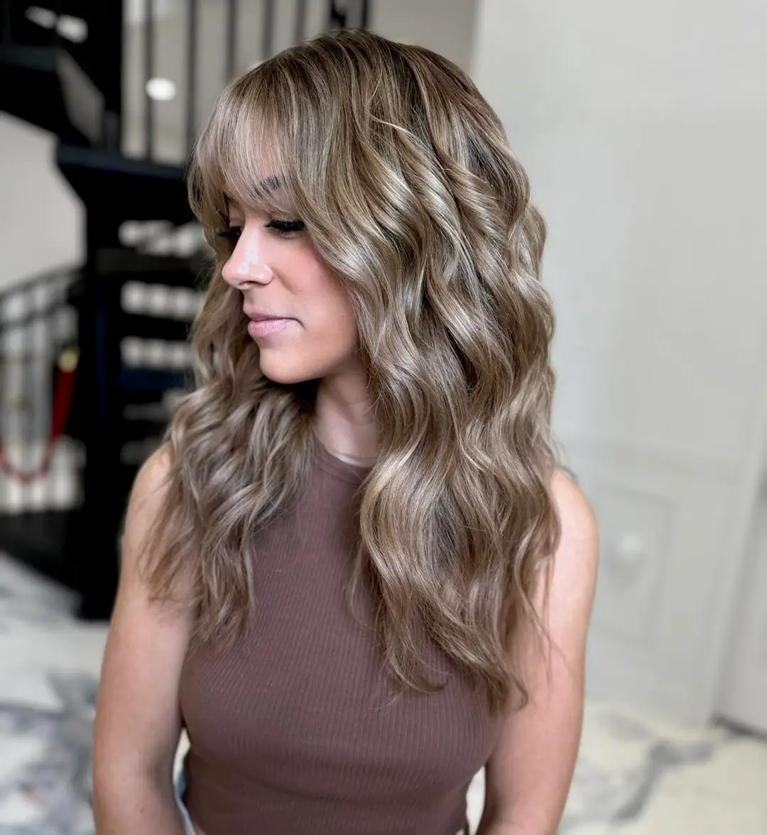 smoky summer mushroom brown hair color 2026 Layered Mushroom Brown With Soft Bangs And Lived In Texture