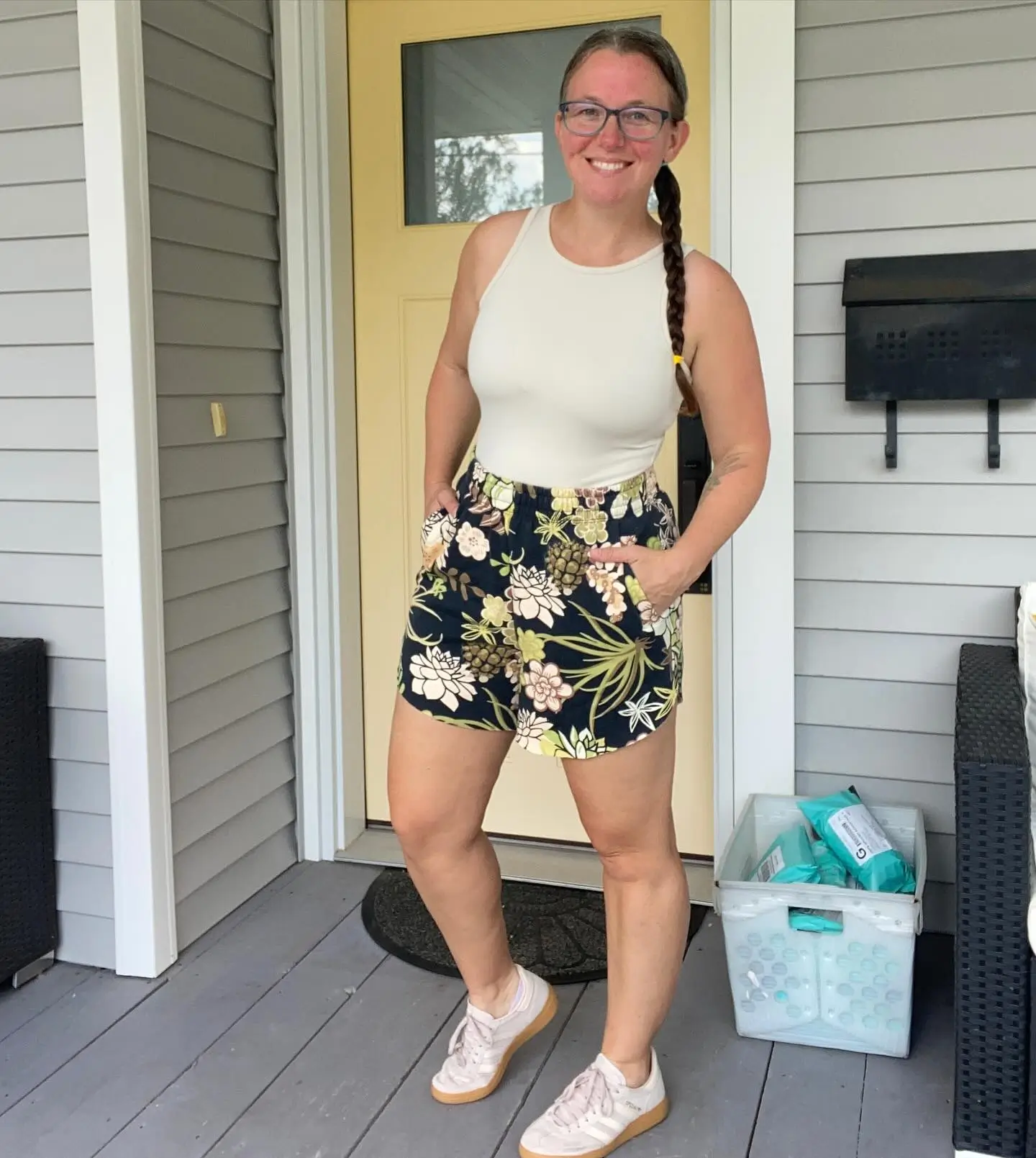 summer bodysuit outfits for women 2026 Effortless Everyday Style With A Neutral Bodysuit And Printed Shorts