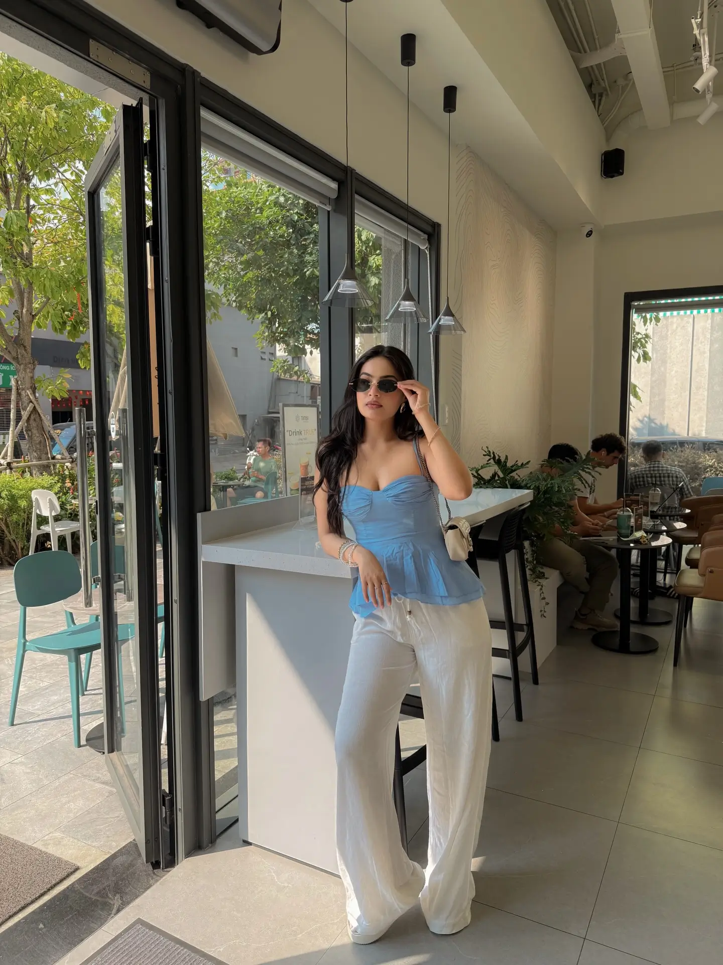 summer sleeveless tops for women 2026 Light Blue Corset Energy With Relaxed White Trousers