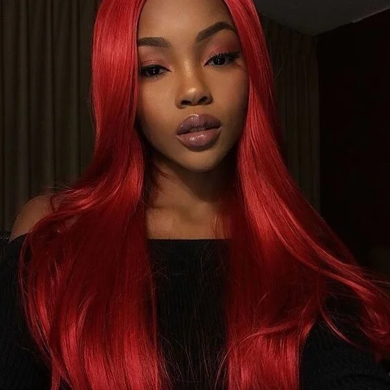 summer hair color for dark skin tone Glossy Cherry Red Lengths That Catch Every Ray
