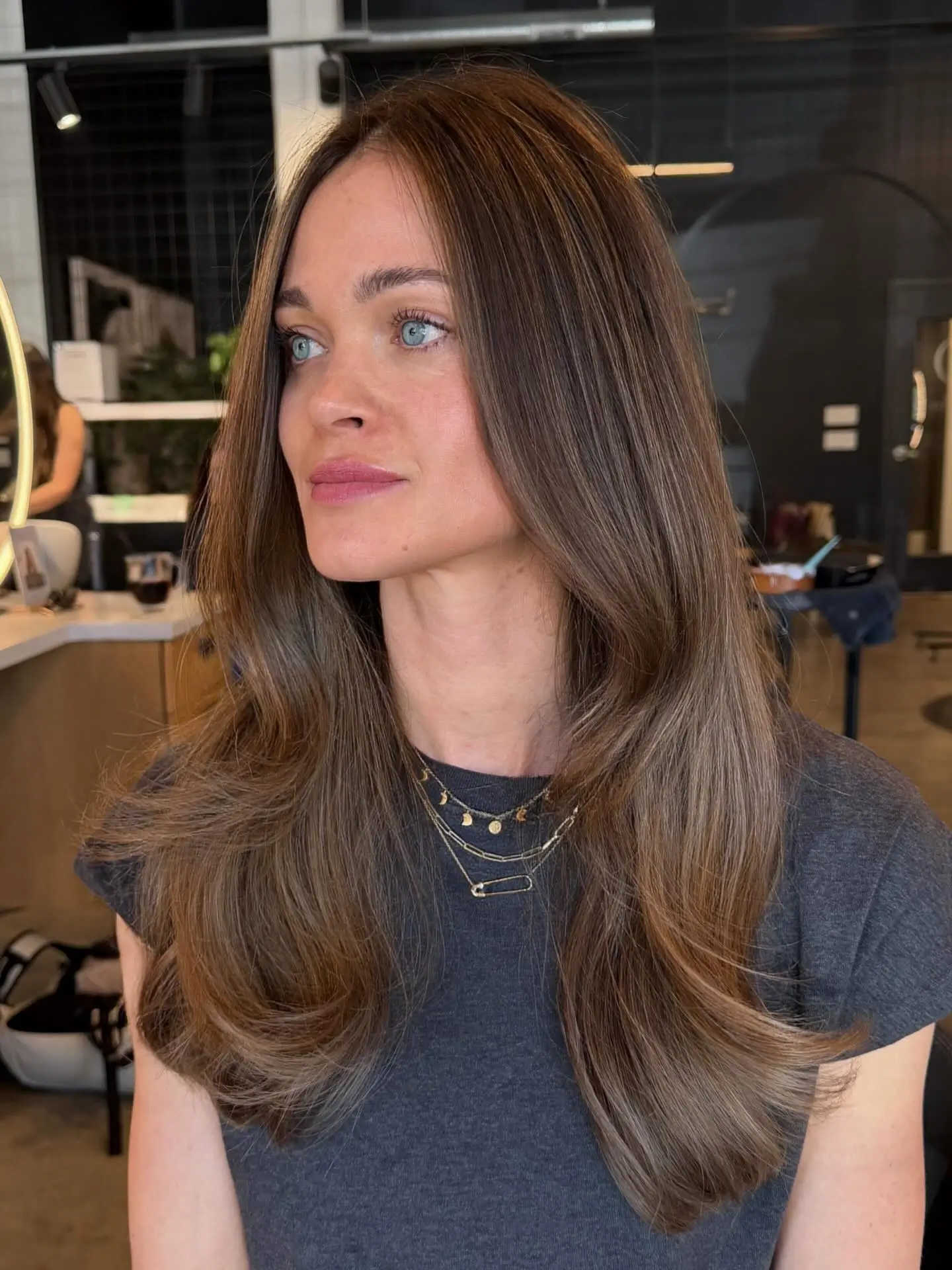 smoky summer mushroom brown hair color 2026 Soft Layered Smoky Mushroom Brown With Airy Volume