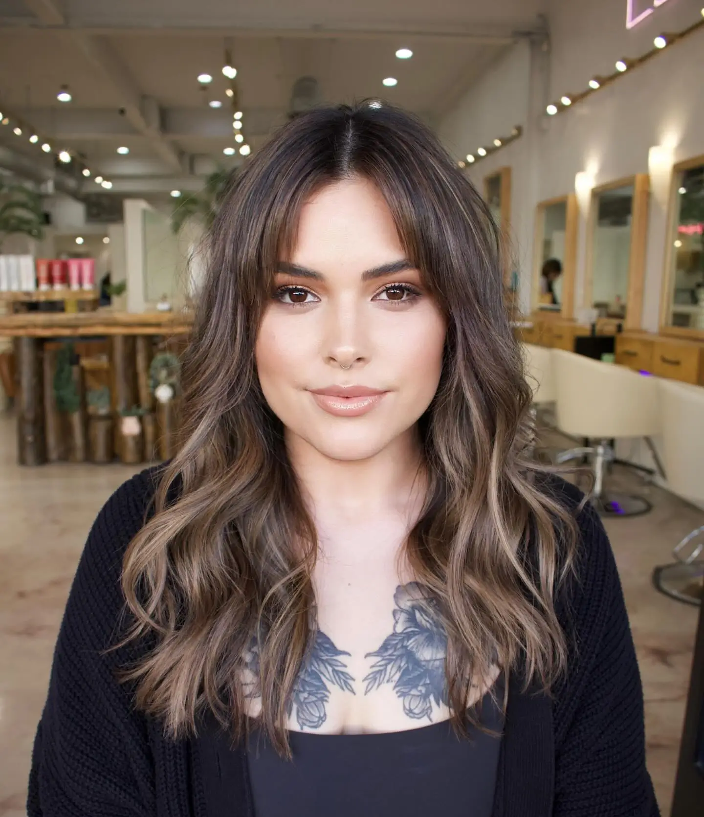 smoky summer mushroom brown hair color 2026 Textured Mushroom Brown Waves With Curtain Bangs