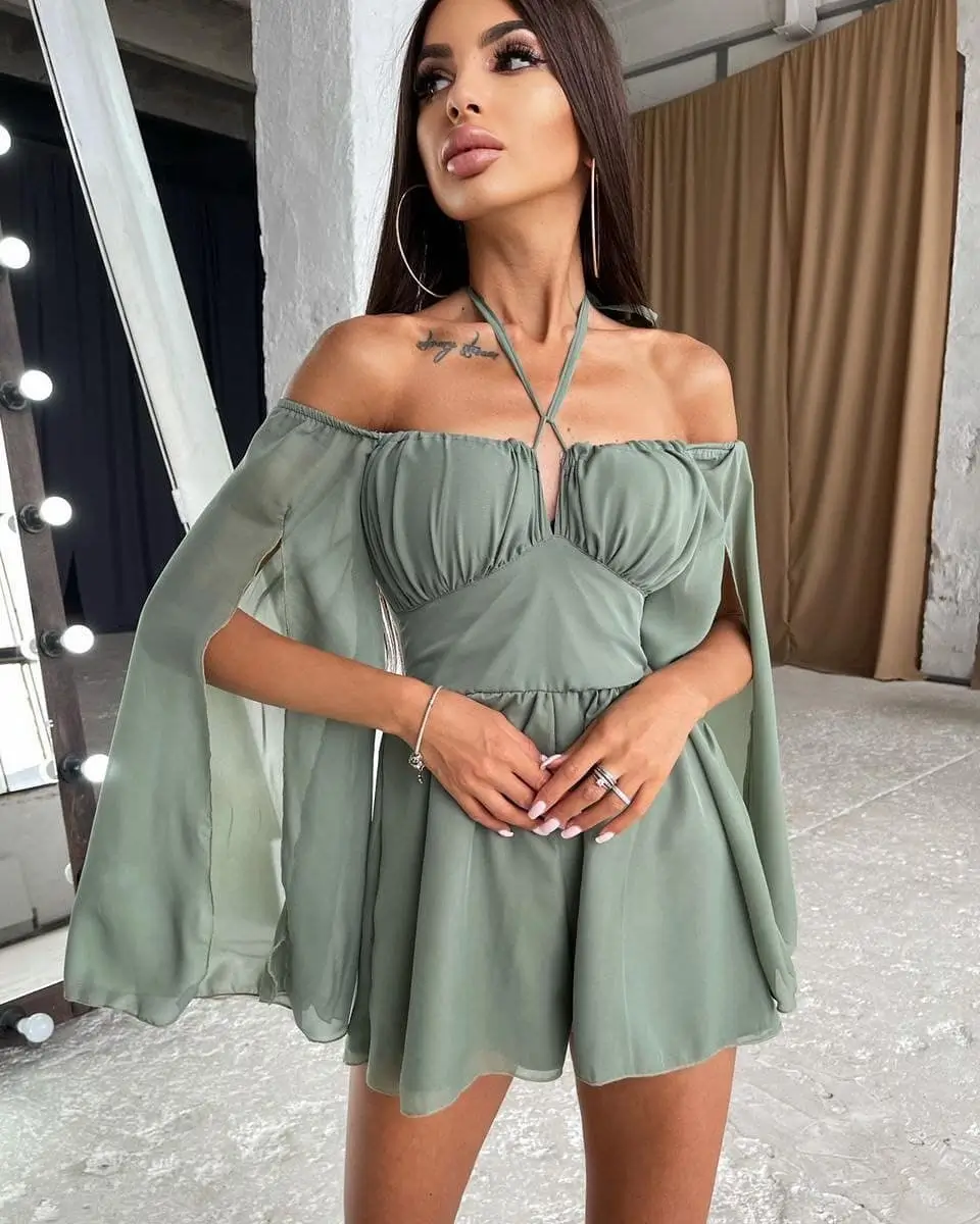 Summer Beach Outfit For Women 2026 Olive Off-Shoulder Romper with Soft Romantic Movement