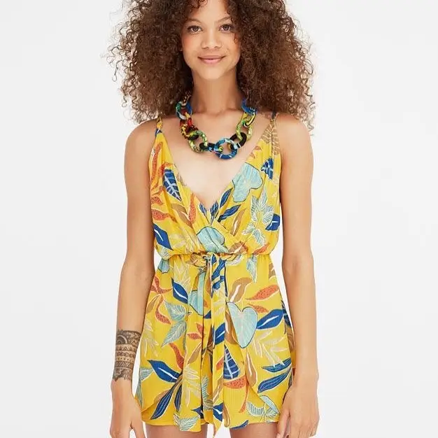 Summer Beach Outfit For Women 2026 Tropical Yellow Romper with Statement Necklace Energy