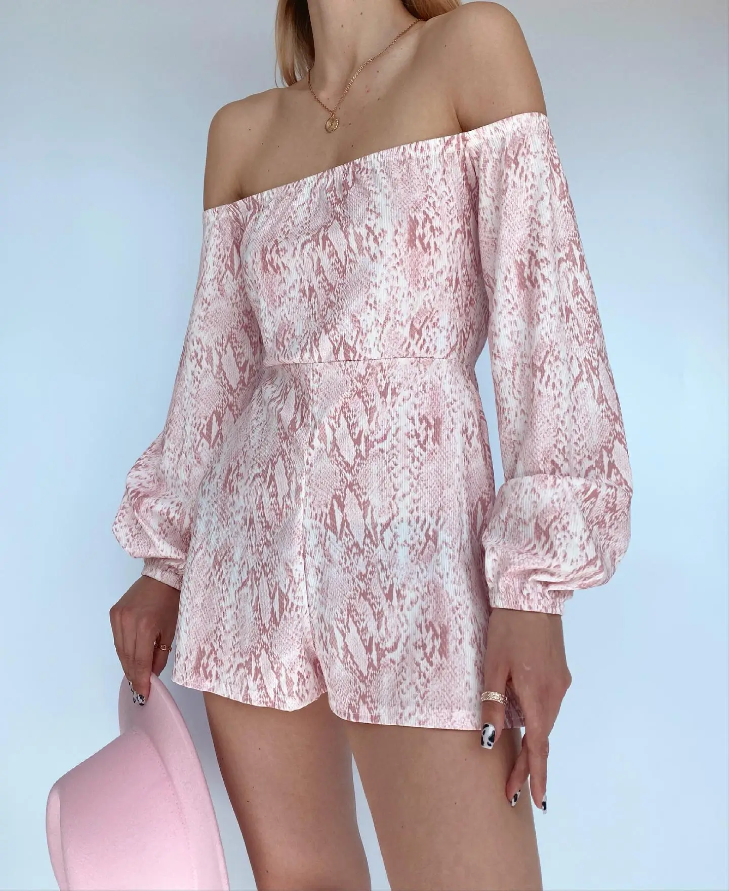 Summer Beach Outfit For Women 2026 Soft Pink Off-Shoulder Romper with Elegant Texture