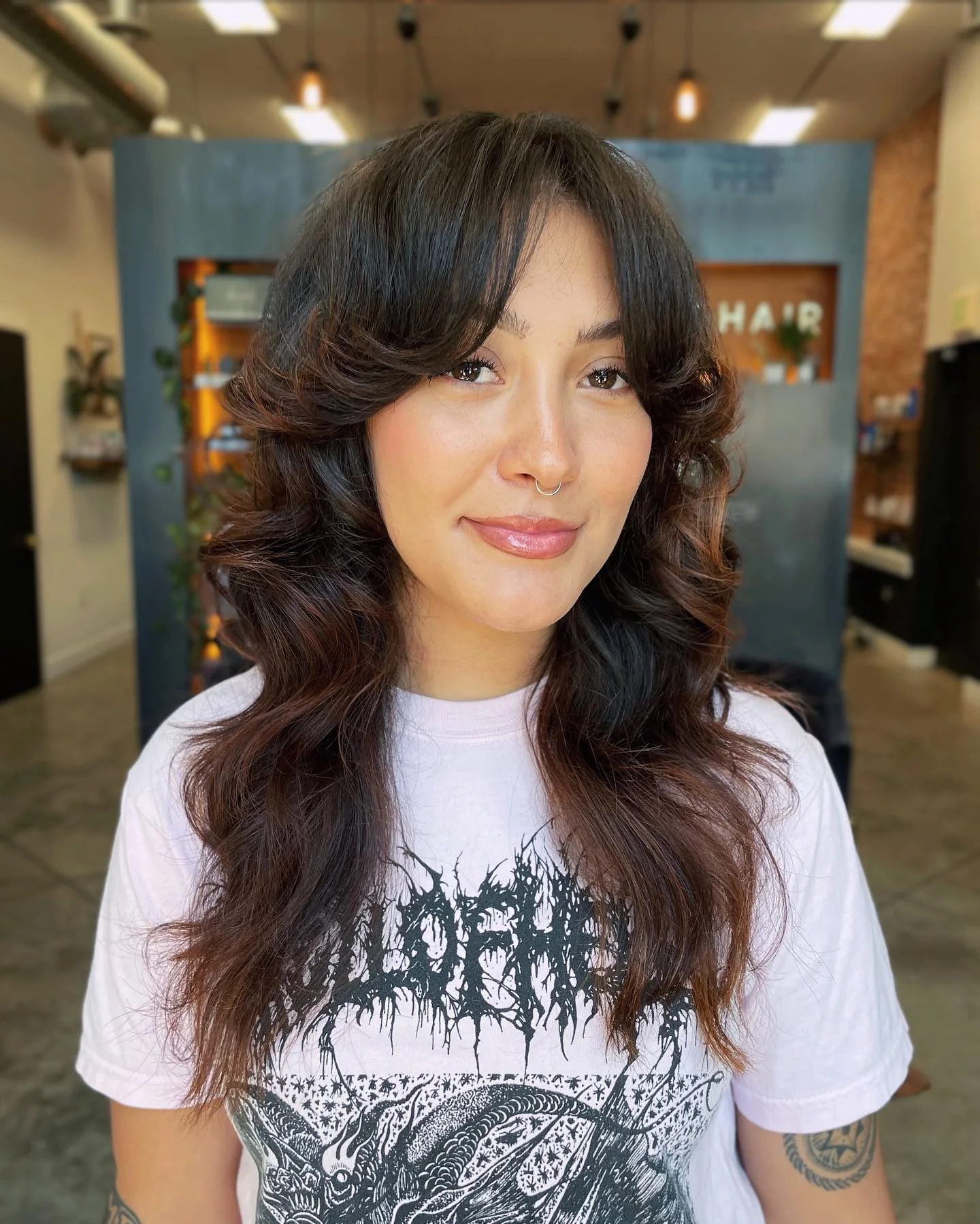 edgy summer shag hairstyle 2026 Soft Espresso Layers With Curtain Fringe Energy