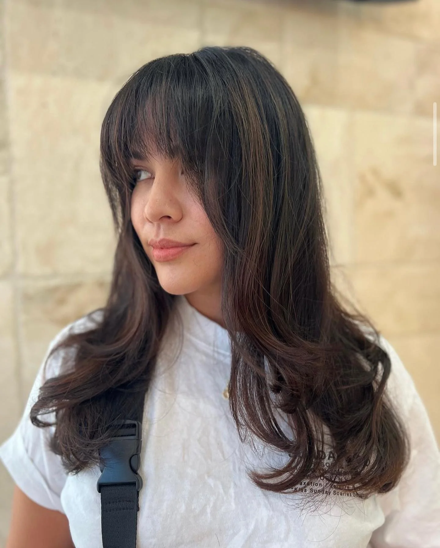 modern summer espresso brunette hair color 2026 Soft Espresso Layers With Wispy Curtain Bangs