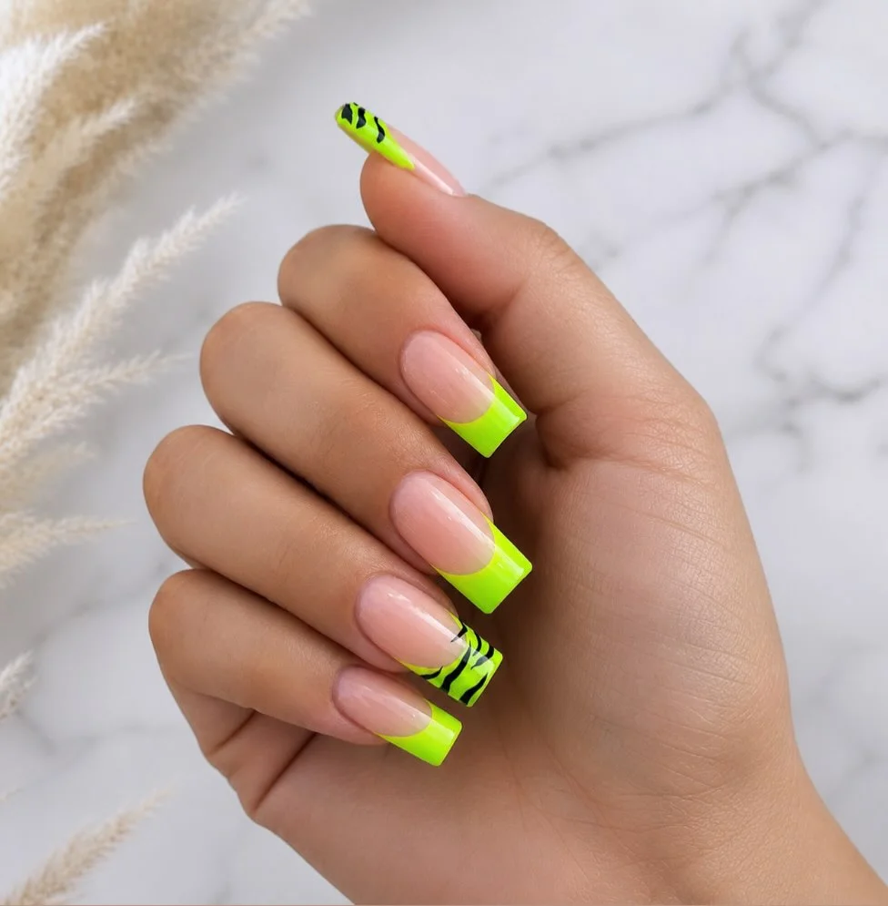 neon summer nails 2026 Electric Lime French Tips With Wild Zebra Accents