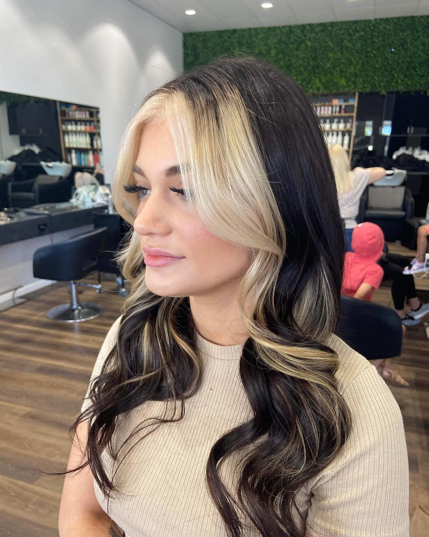 platinum summer money piece hair color 2026 Bold Platinum Front Panels With Espresso Waves