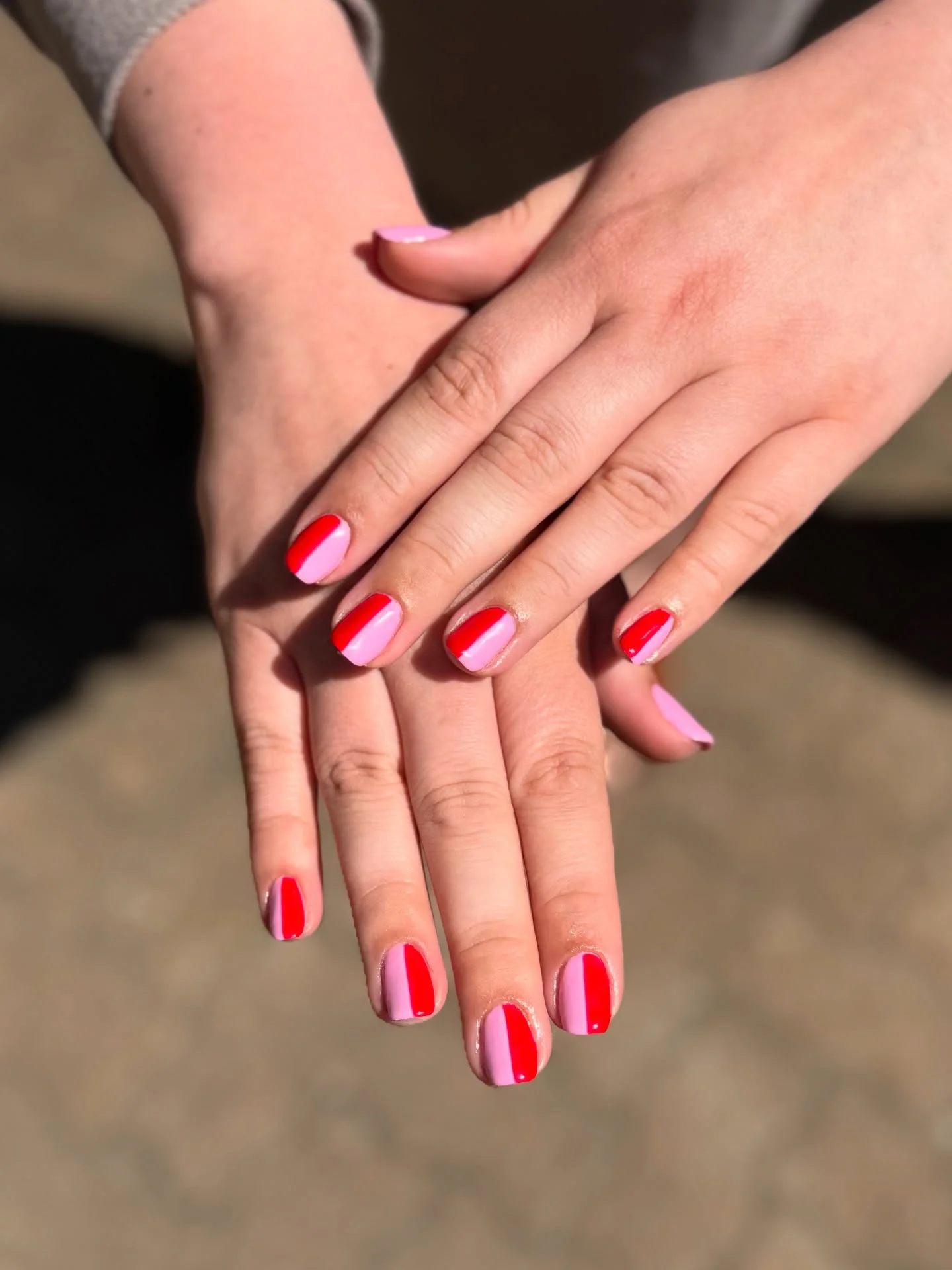 short squoval nails design 2026 Pink And Red Color-Block Energy