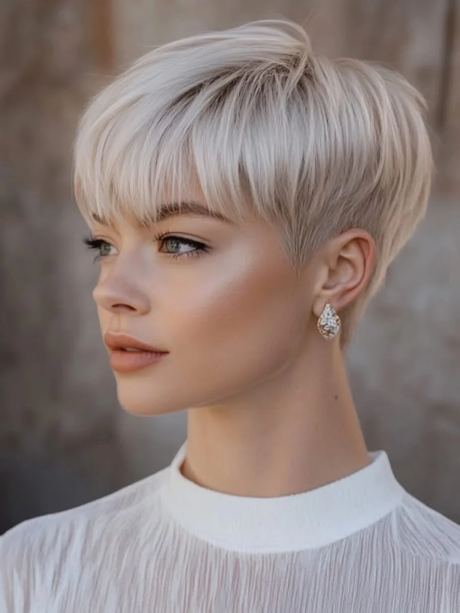 summer short haircuts 2026 Feathered Platinum Pixie With Soft Precision