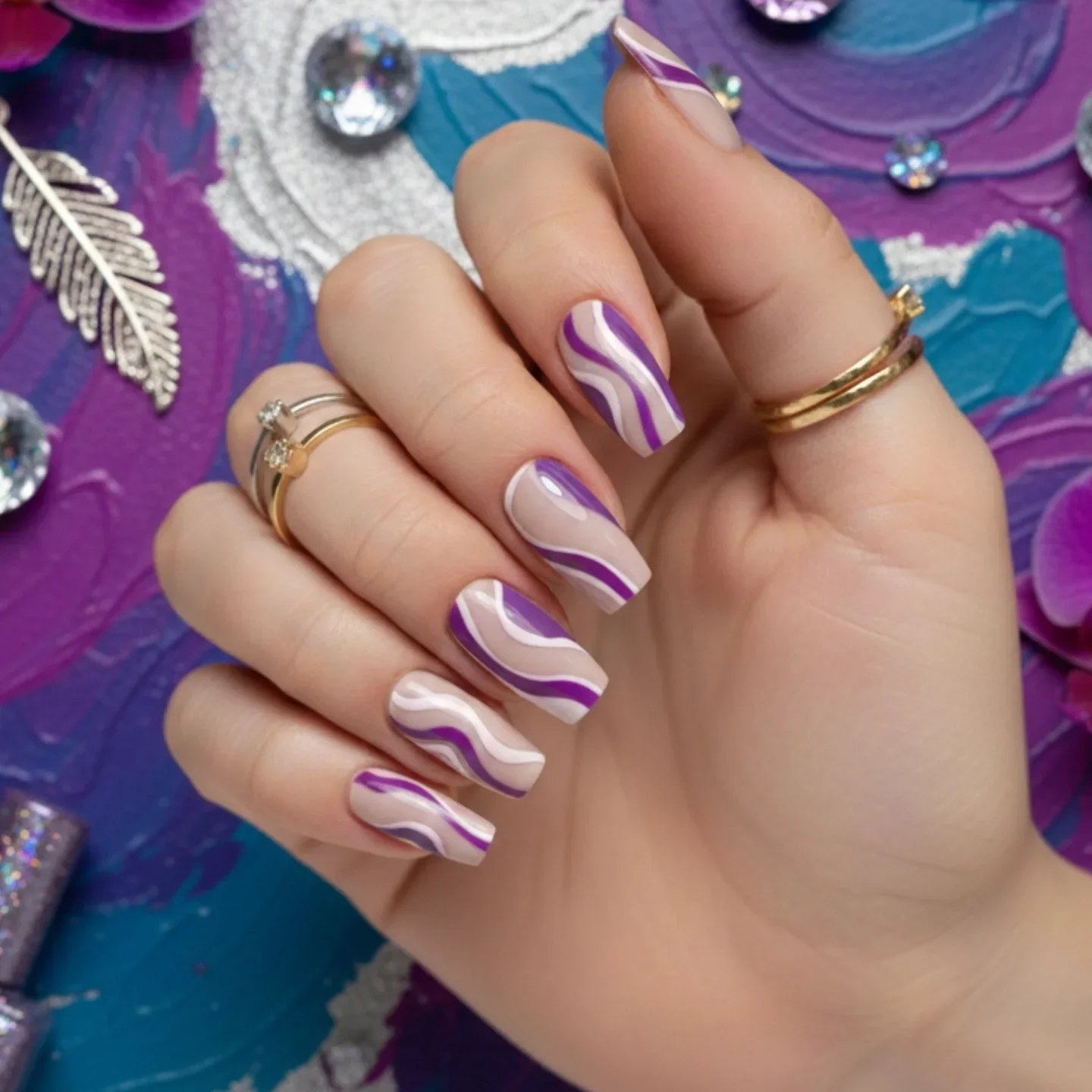 summer acrylic nails 2026 Lavender Swirl Acrylics With A Modern Retro Finish